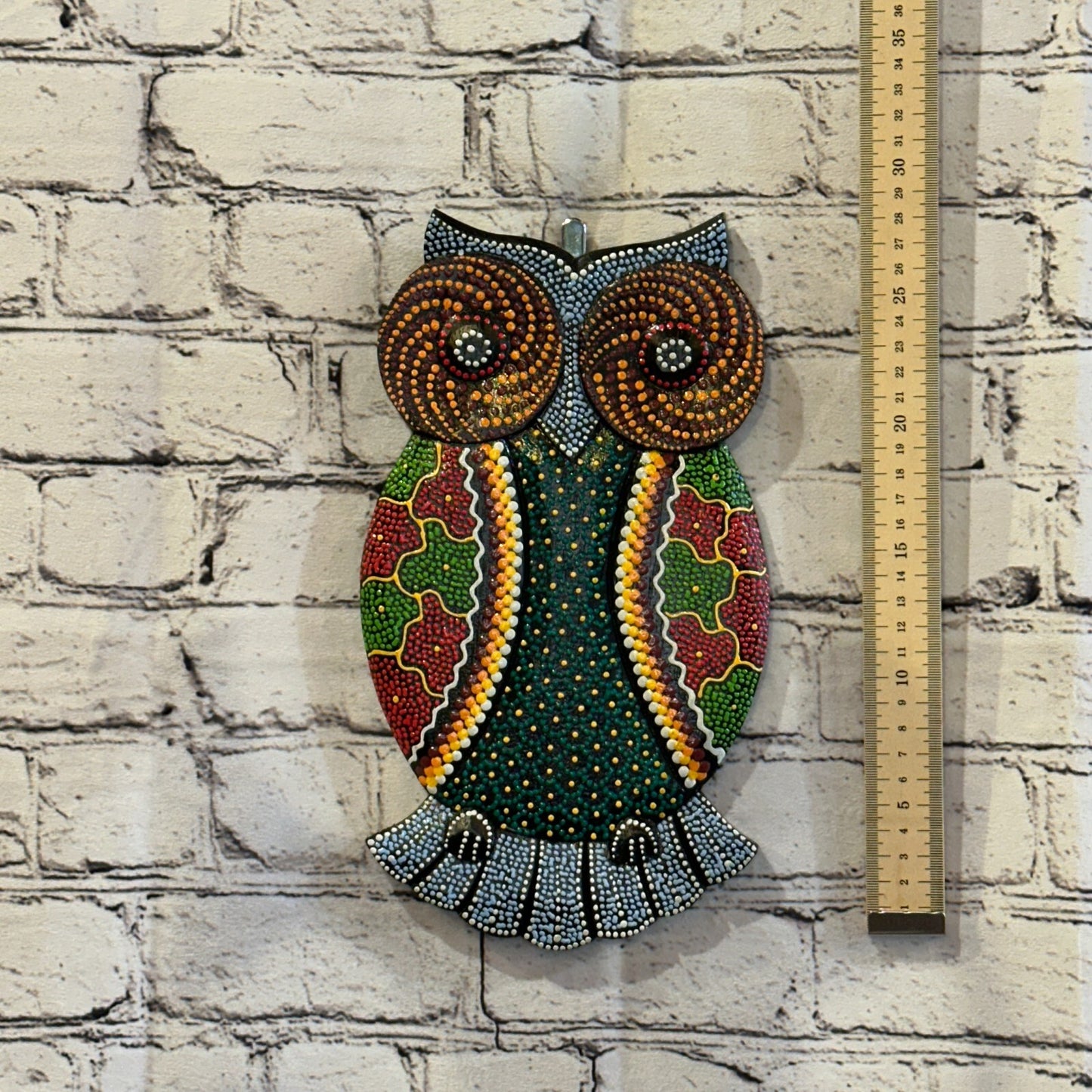 30cm Owl Carved Wooden Dot Painted Ethnic Tribal Tiki Wall Art Handmade No 3