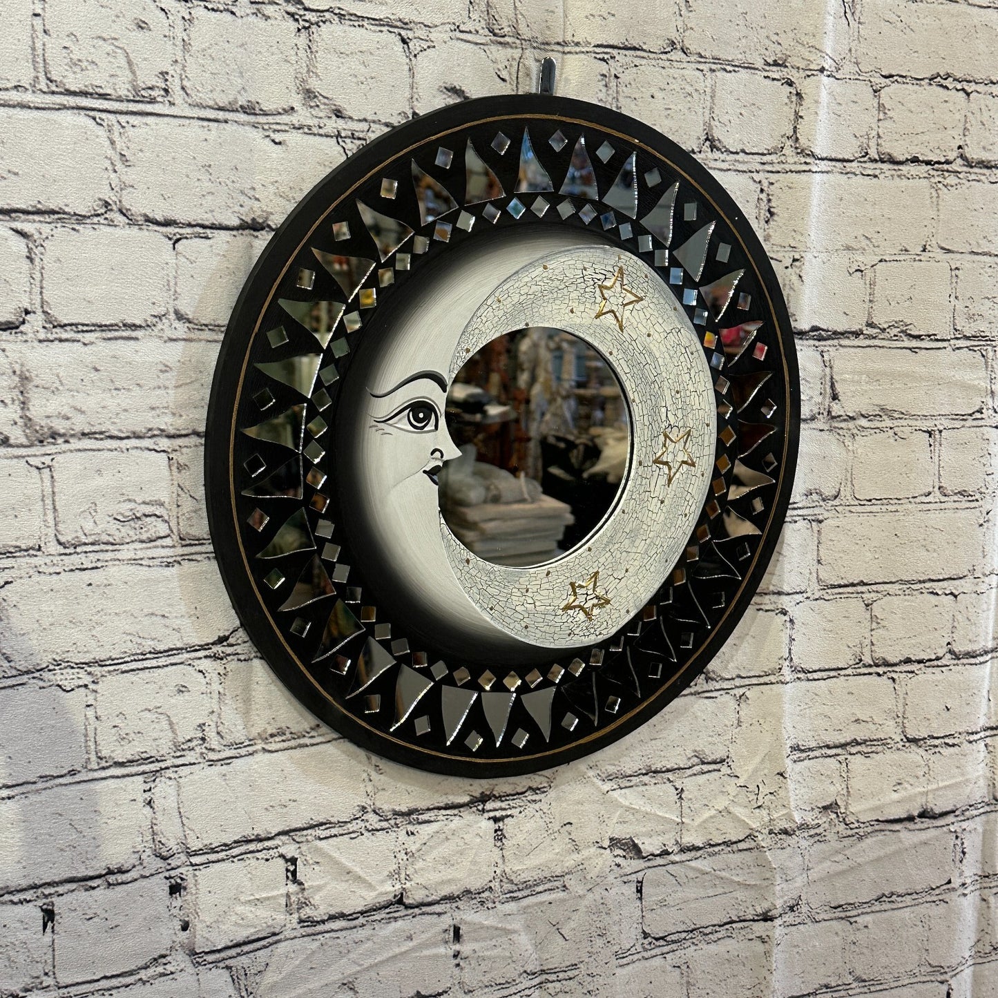 Black Full Moon Mosaic Tile Wall Mirror 40cm x 40cm 16 Inches Handmade Fairtrade