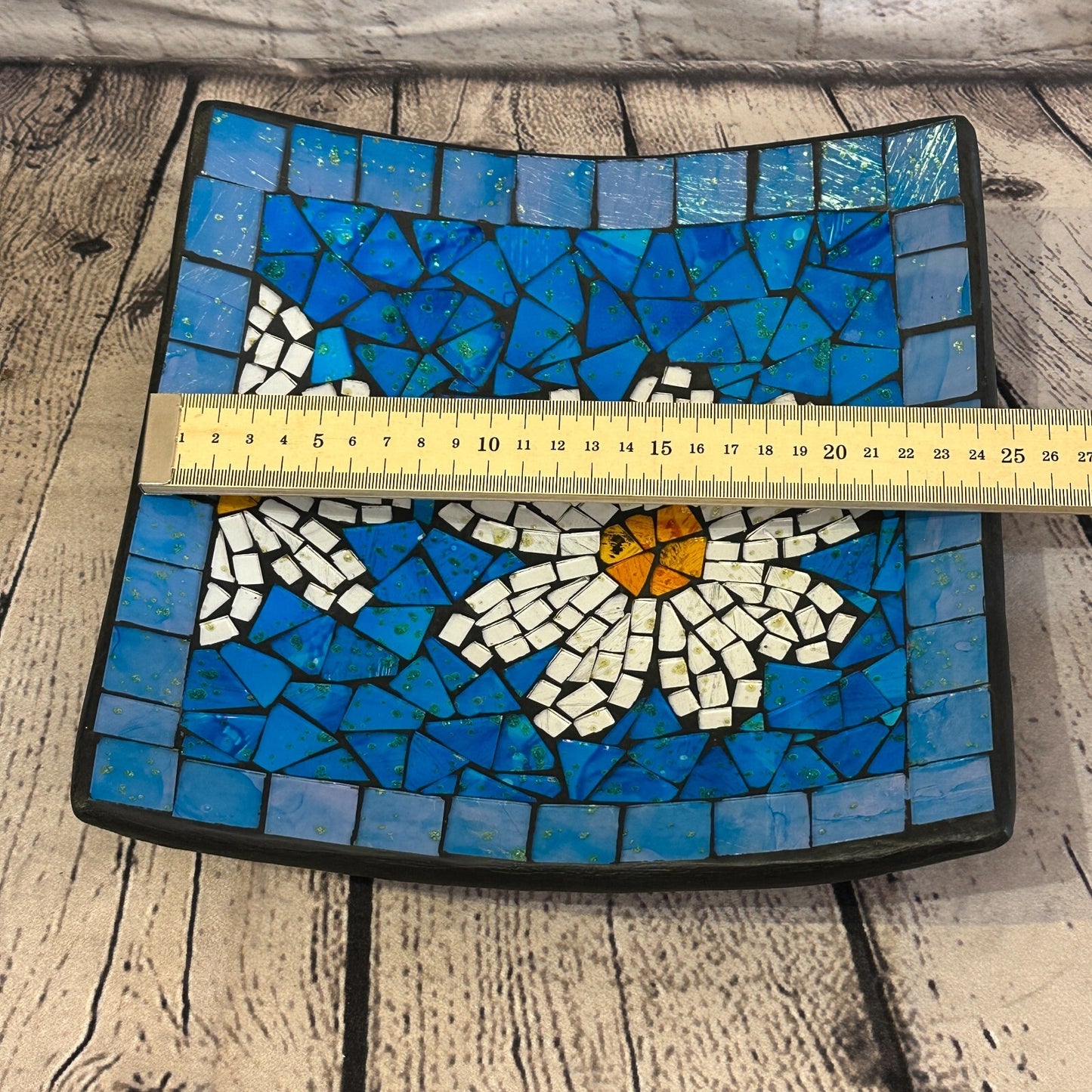 25cm Blue Daisy Flower Square Mosaic Handmade Ceramic Glass Tile Bowl Fruit