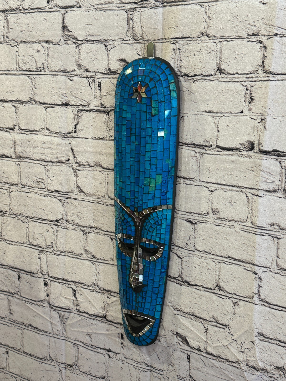 50cm Blue Mosaic Mirror Mask Carved Painted Ethnic Tribal Wall Art Handmade