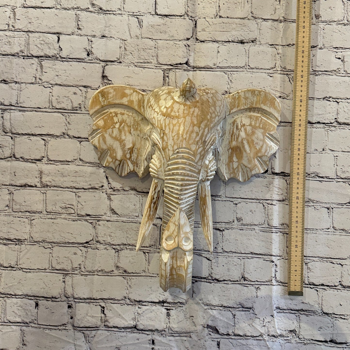 40cm x 35cm Cream White Carved Wood Elephant Head Wall Mounted Art Large Shabby
