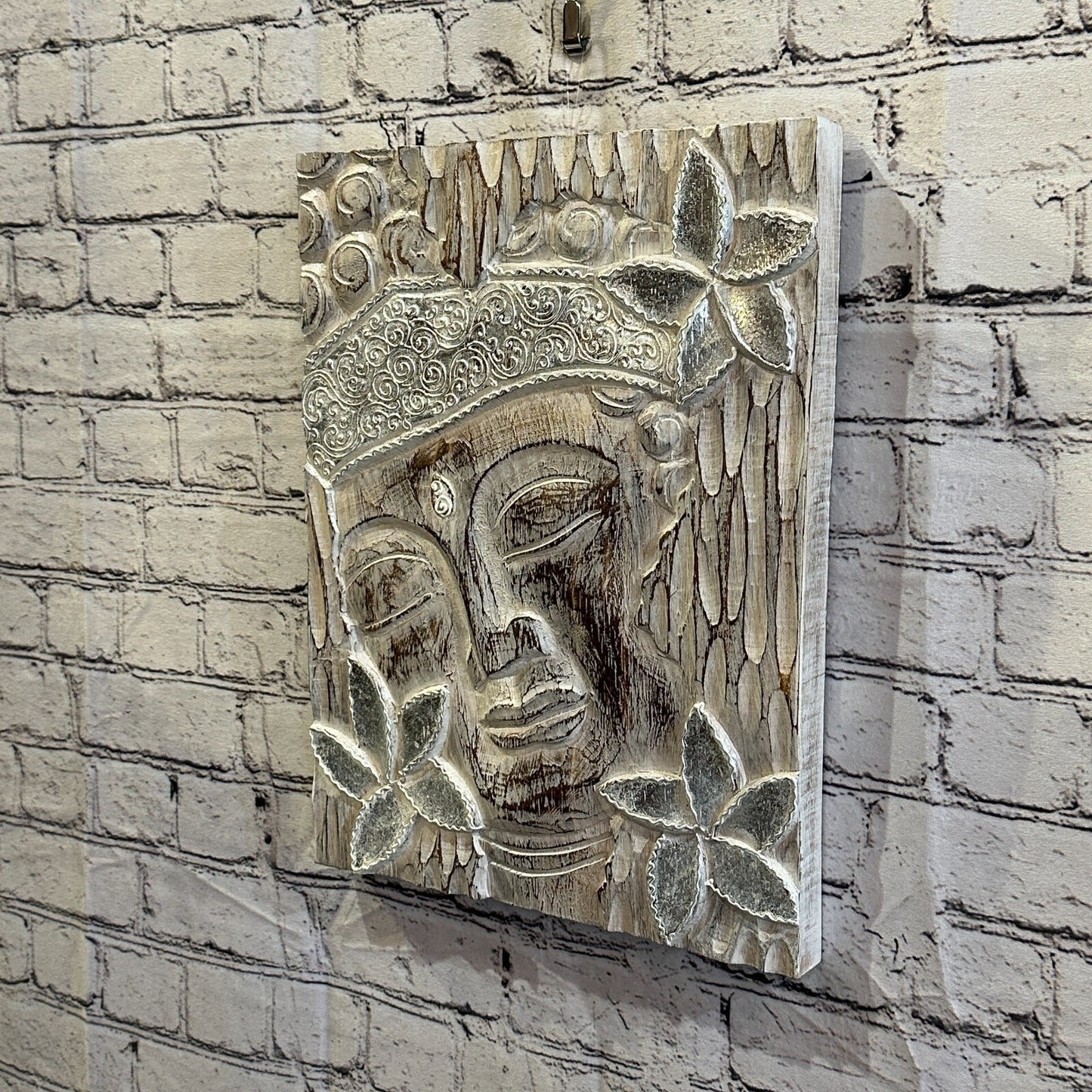 Wooden Wood Panel 40cm Brown White Buddha Hibiscus Wall Art Plaque Handcarved
