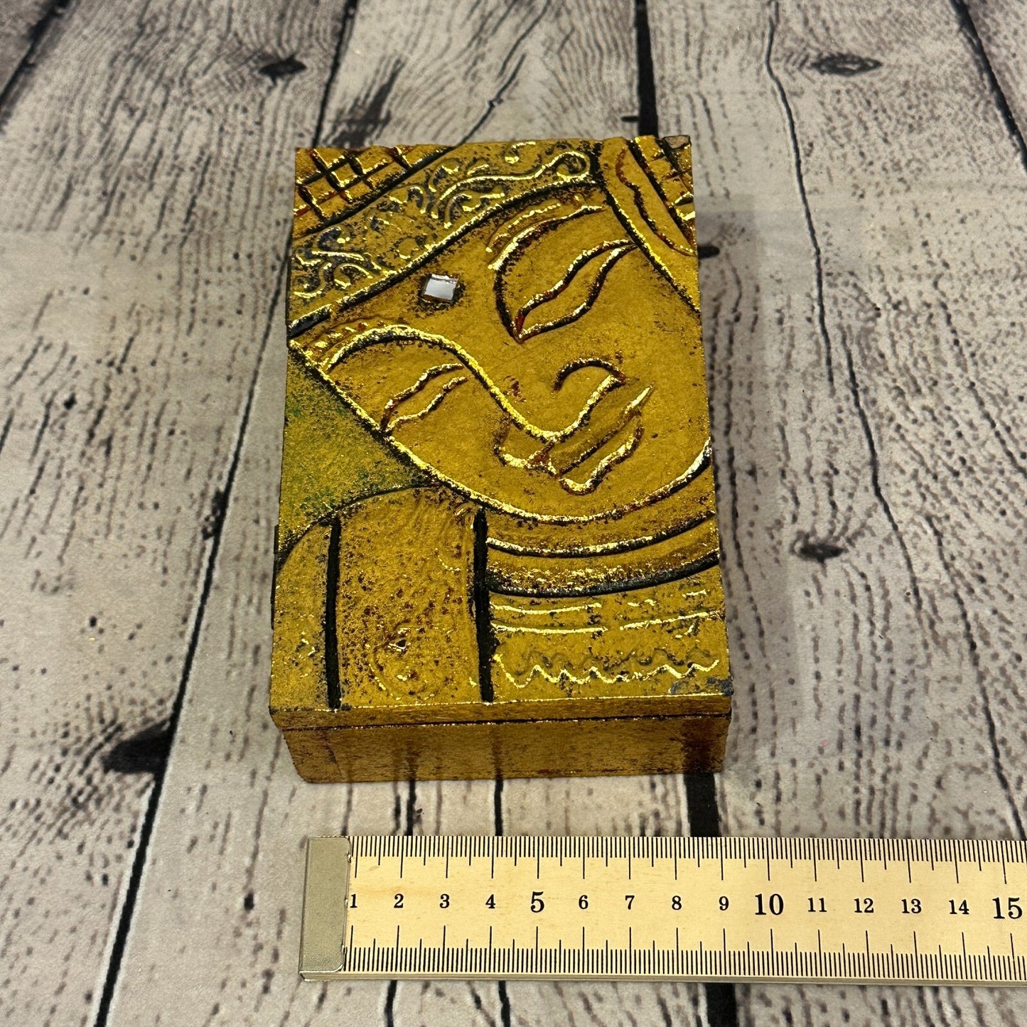 Bright Gold Thai Buddha Head 10cm x 15cm x 4cm Wooden Box Trinket Handmade