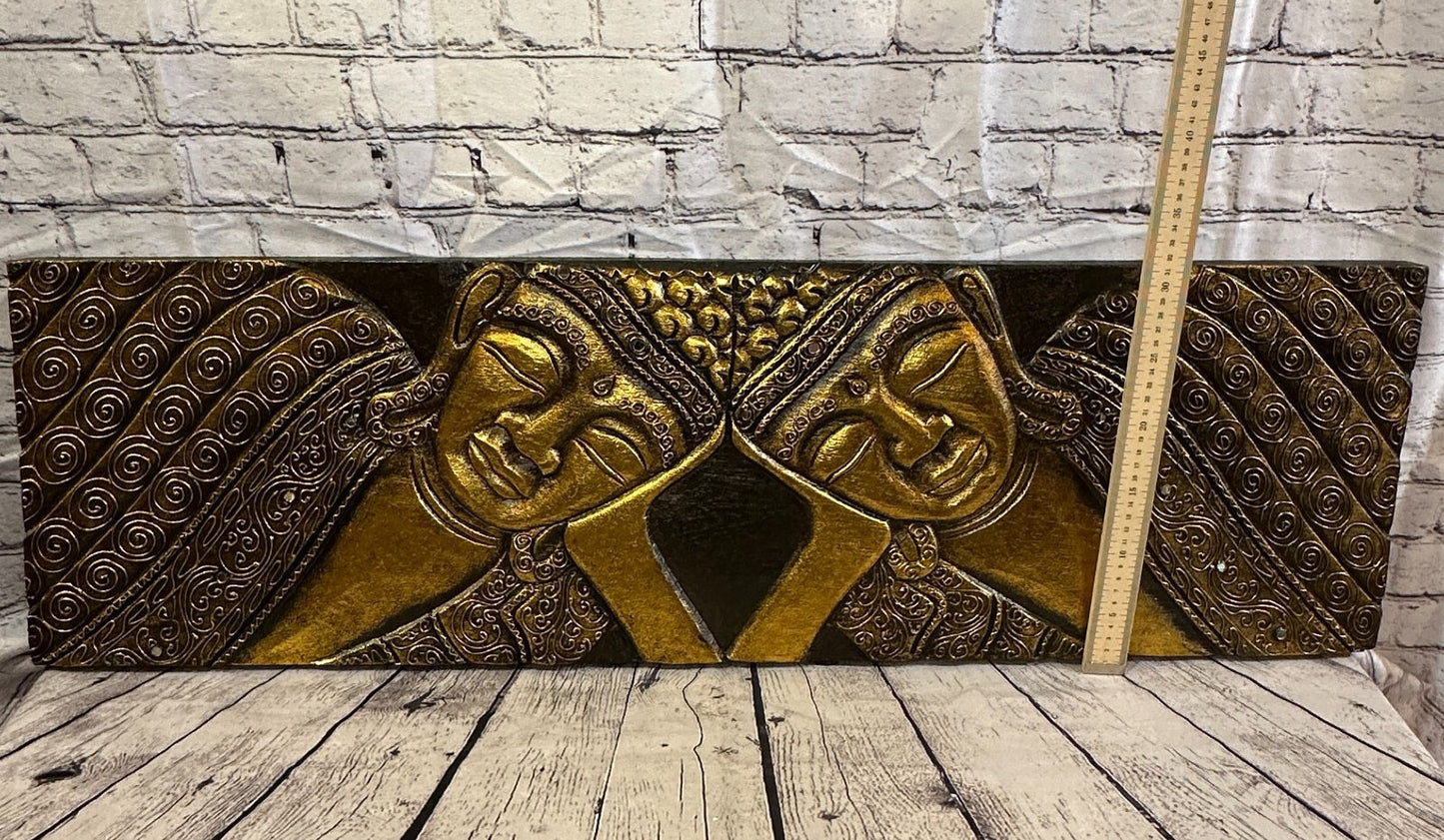 100cm x 30cm Buddha 2 Faces Gold Wooden Wood Panel Wall Art Plaque Handcarved