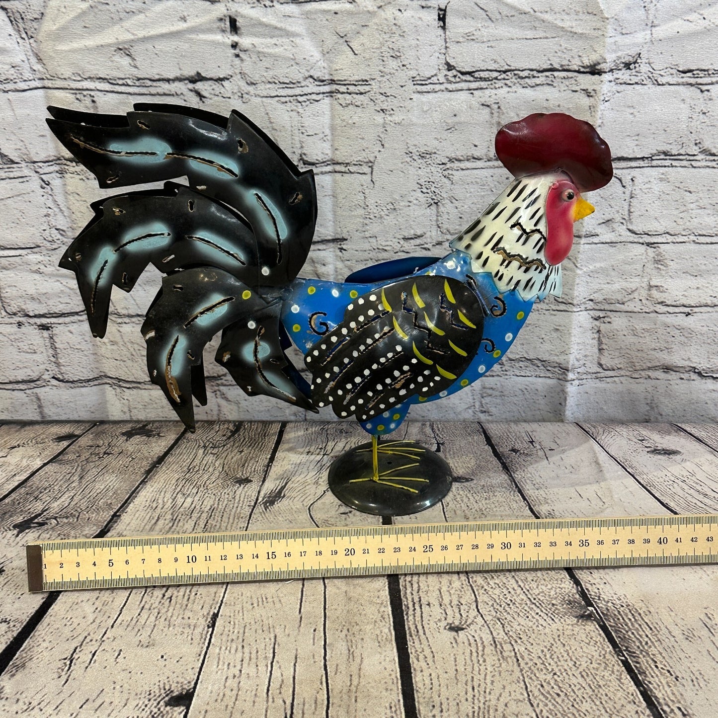 40cm x 25cm Black Blue Metal Chicken Ornament Painted Statue Candle Holder