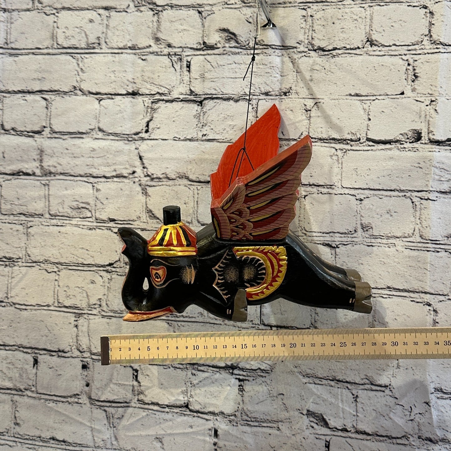 Black Elephant Folk Art Carved Wood Flying Winged Mobile Spirit Chaser Guardian