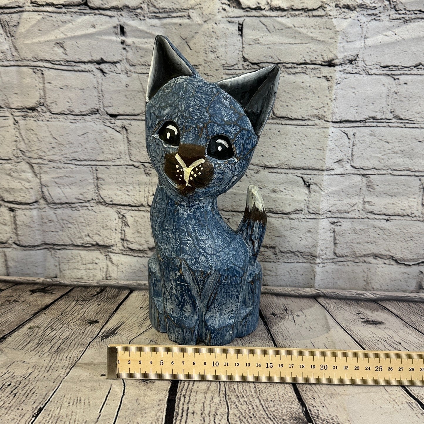30cm x 12cm Blue Flower Wooden Shabby Cat Statue Ornament Fair Trade Handcarved