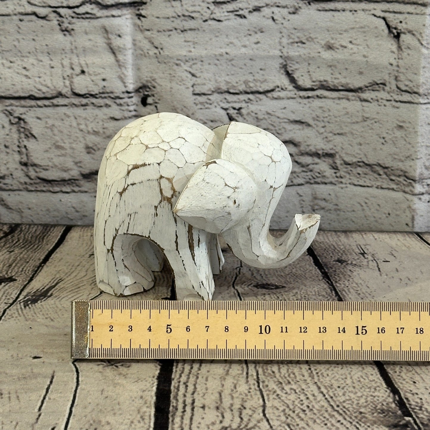 White Wooden Elephant With Shabby Pattern 10cm x 10cm Handmade and Fairtrade