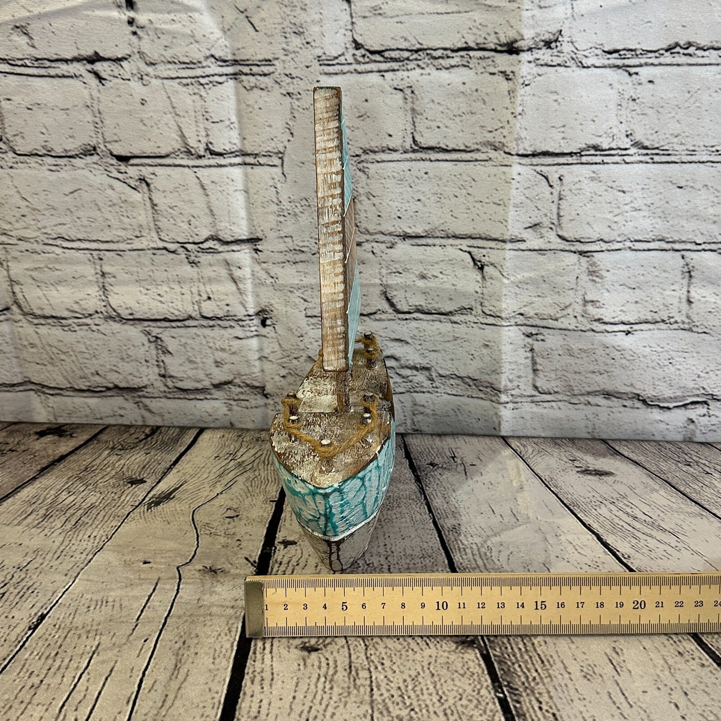25cm Rustic Wooden Brown & Green Sailing Boat Nautical Ornament Sculpture Decor