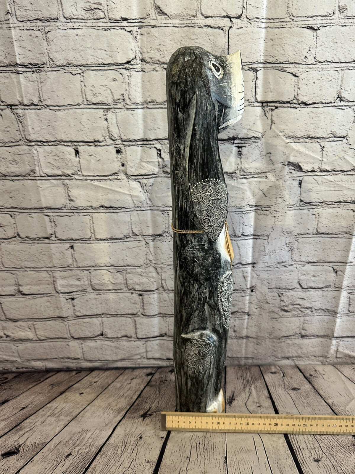 60cm Grey Flower Wooden Shabby Dog Statue Ornament Fair Trade Handcarved