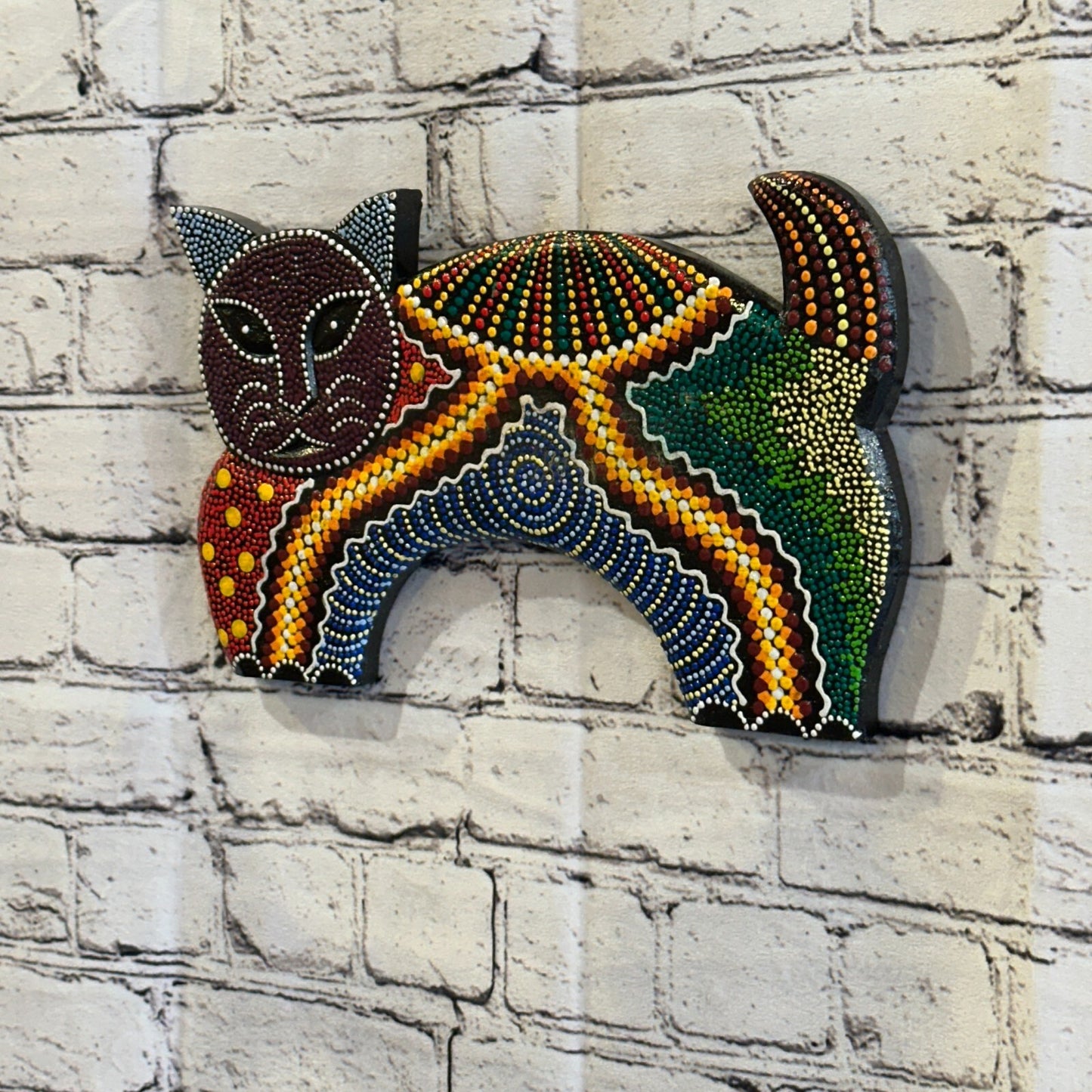 30cm Purple Cat Carved Wooden Dot Painted Ethnic Tribal Tiki Wall Art Handmade