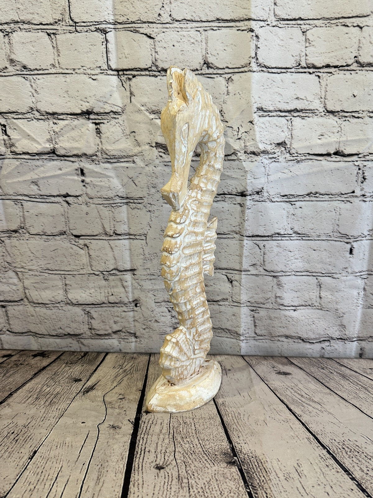 40cm White Plain Wooden Shabby Seahorse Statue Ornament Fair Trade Handcarved