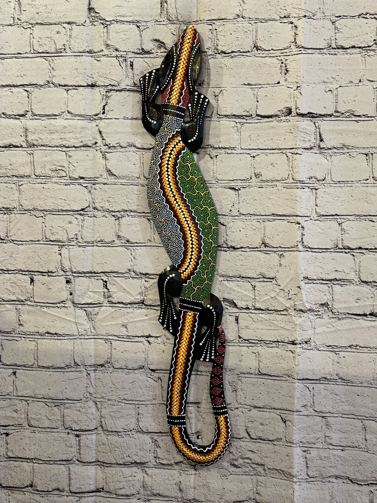 80cm Gecko Carved Wooden Dot Painted Ethnic Tribal Tiki Wall Handmade No 2