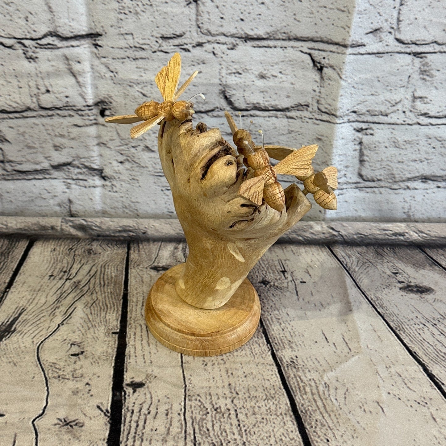 5 Bees Honeycomb Mushroom Parasite Wood Ornament Natural Carving Wooden Standing