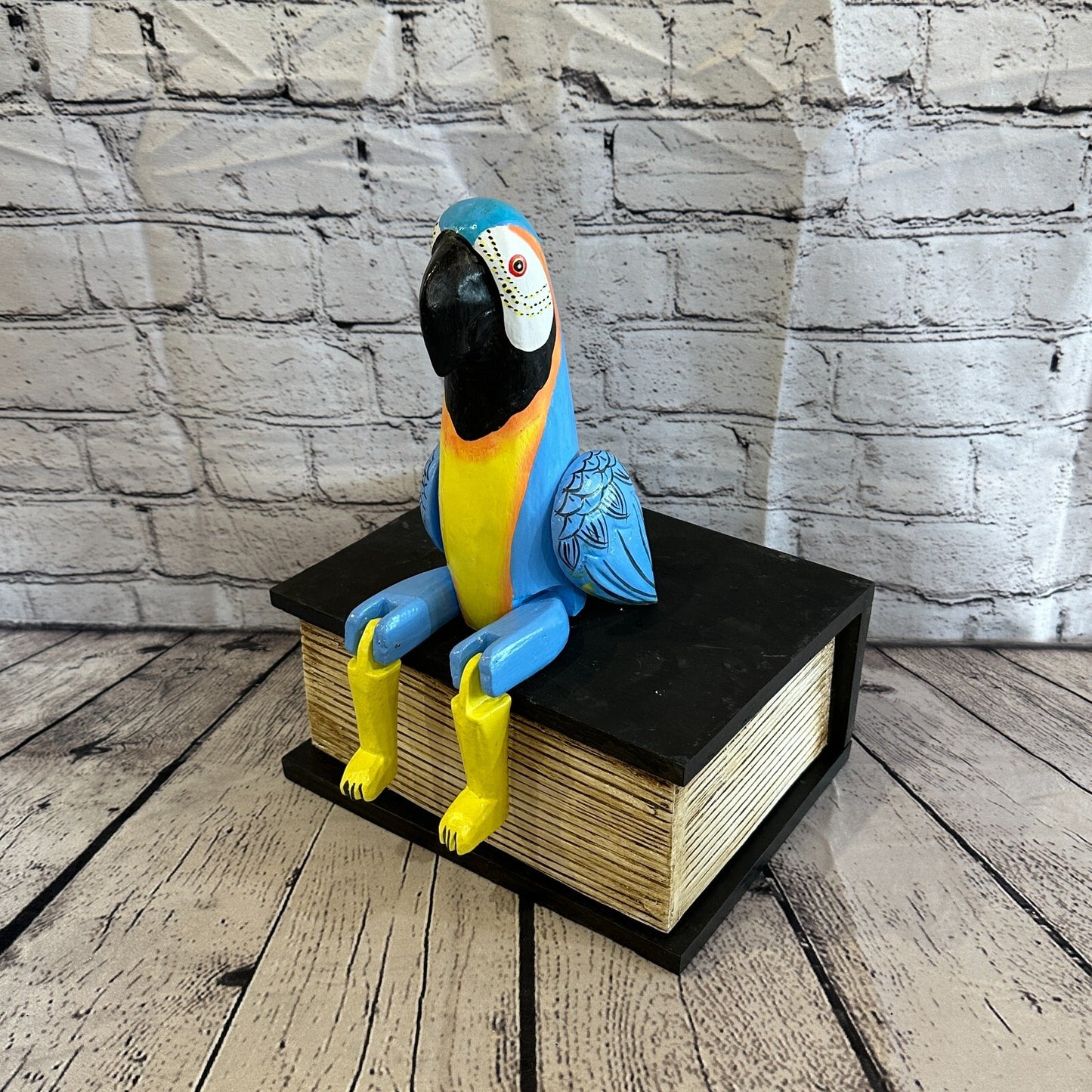 20cm Blue Parrot Sitting Animal, Wooden Shelf Ornament Handmade & Fairtrade