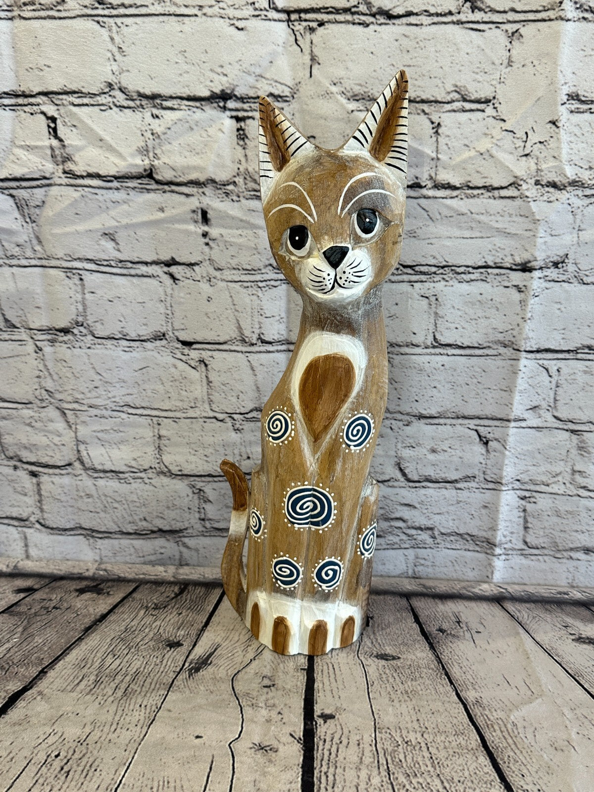 40cm Light Brown Flower Wooden Shabby Cat Statue Ornament Fair Trade Handcarved