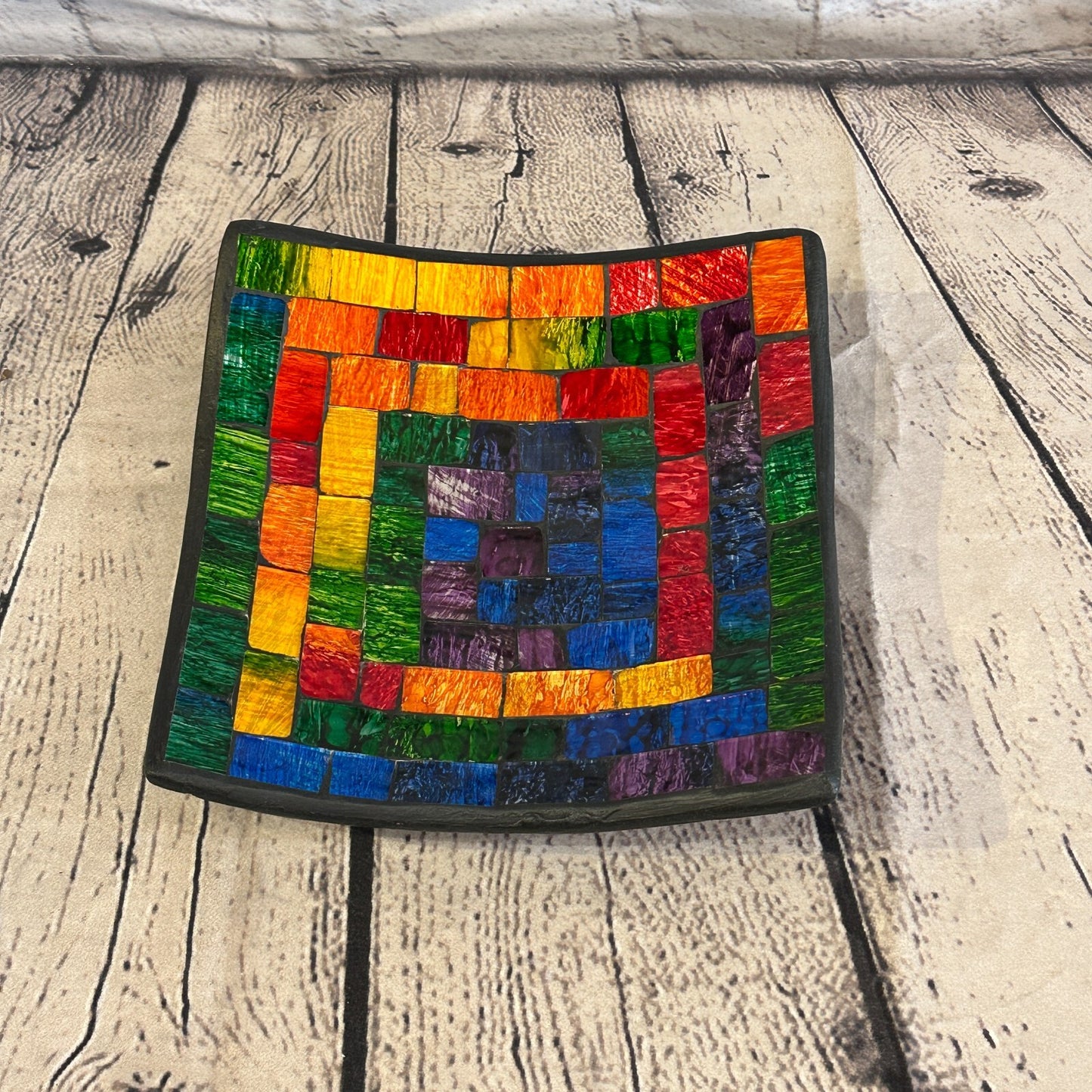 20cm Rainbow Small Swirl Square Mosaic Handmade Ceramic Glass Tile Bowl Fruit
