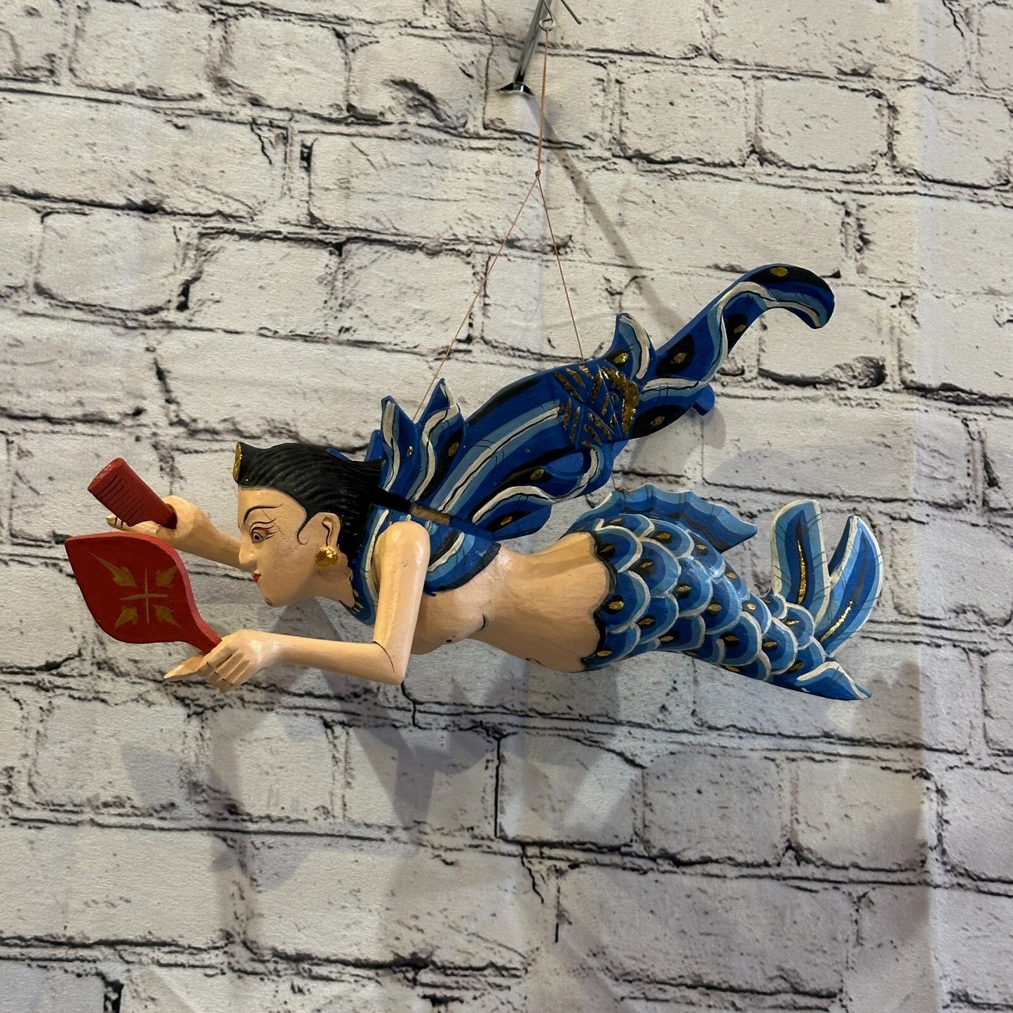 Blue Shiva Goddess Folk Art Wood Flying Winged Mobile Spirit Chaser Guardian