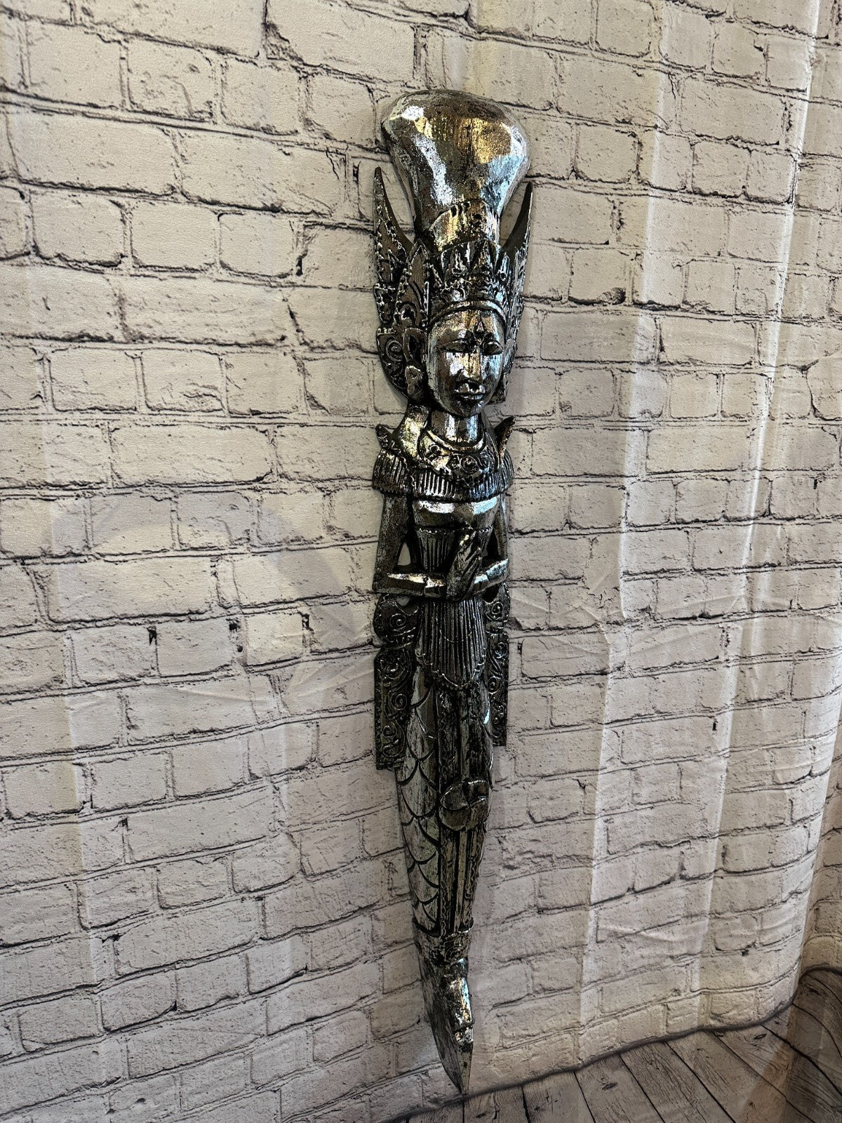 Silver Antique Colour Sita Dewi Bali Rice Goddess Wings Mermaid Wood 100cm Pair