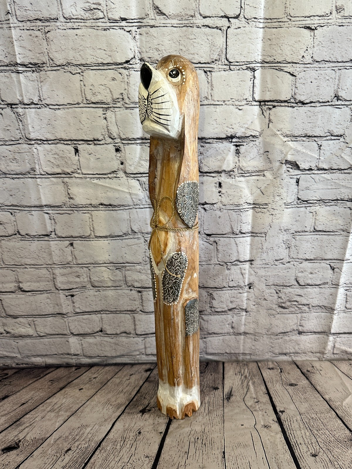 60cm Light Brown Flower Wooden Shabby Dog Statue Ornament Fair Trade Handcarved