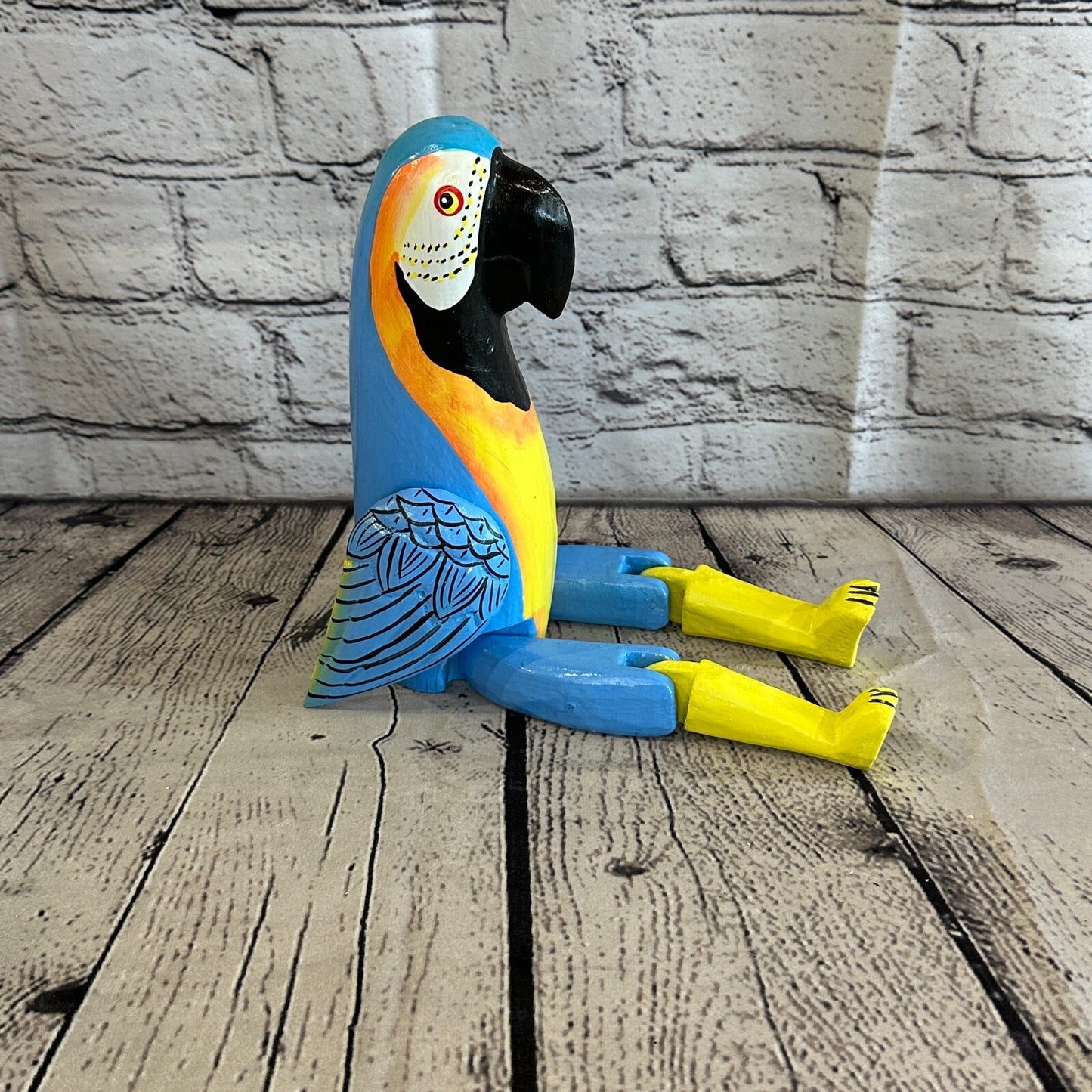 20cm Blue Parrot Sitting Animal, Wooden Shelf Ornament Handmade & Fairtrade