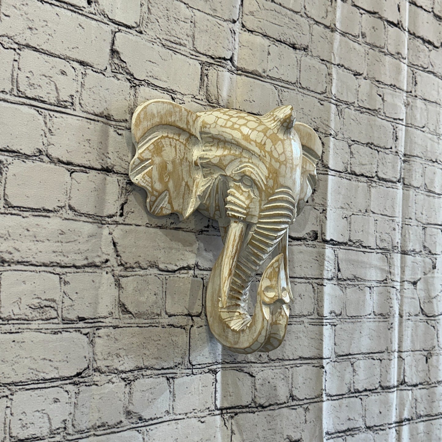 30cm x 30cm Cream White Carved Wood Elephant Head Wall Mounted Art Large Shabby