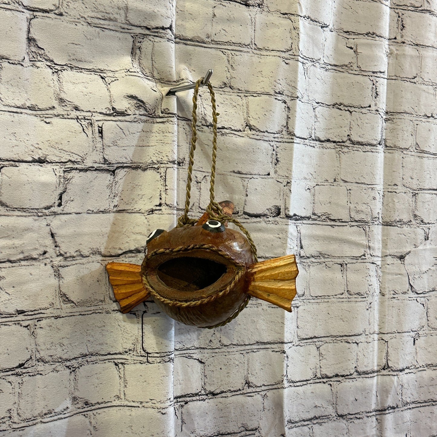 Plain Brown Folk Art Hand Painted Shark Fish Coconut Shell Ornaments Hanging