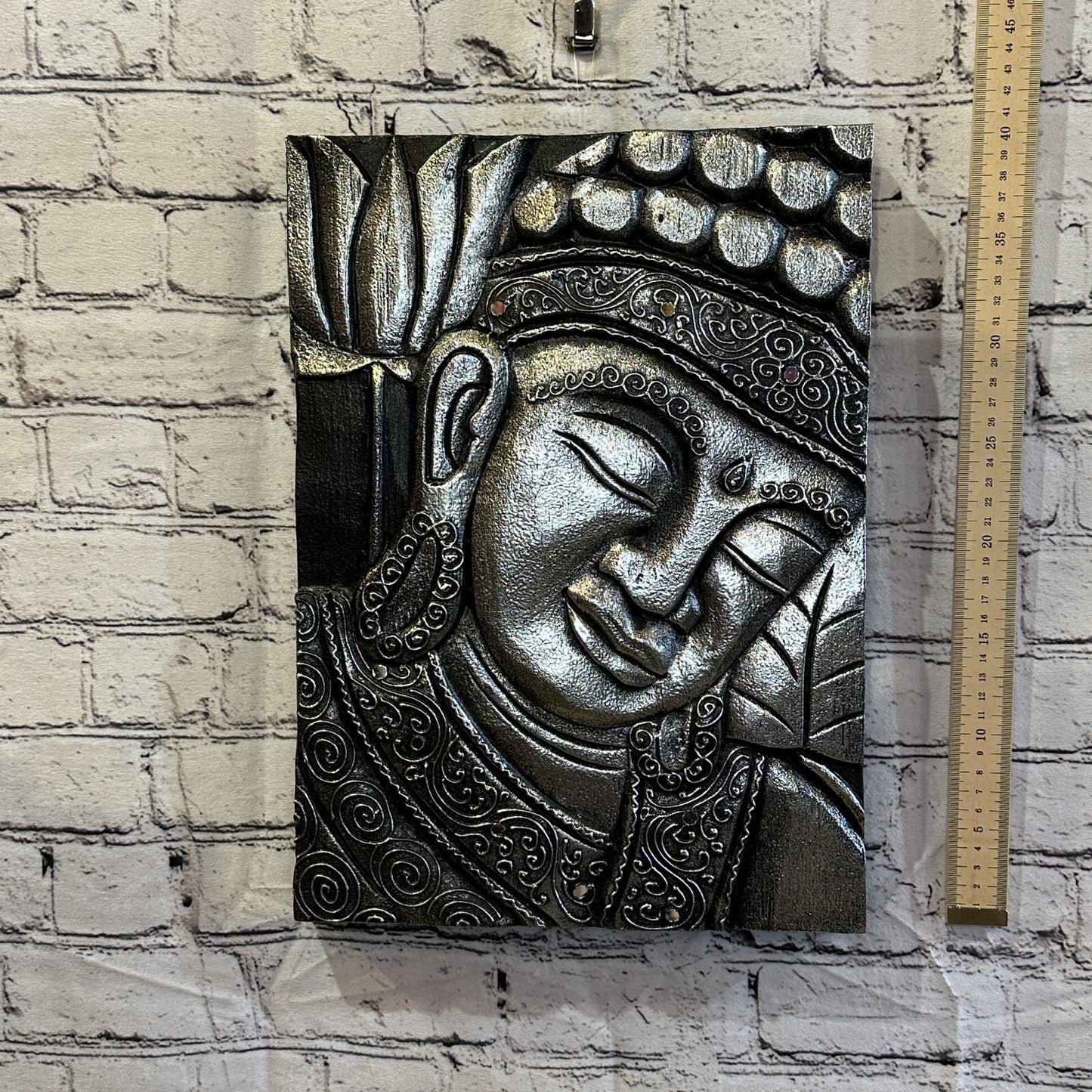 Wooden Wood Panel 40cm Brown Silver Buddha Tall Lotus Wall Art Plaque Handcarved