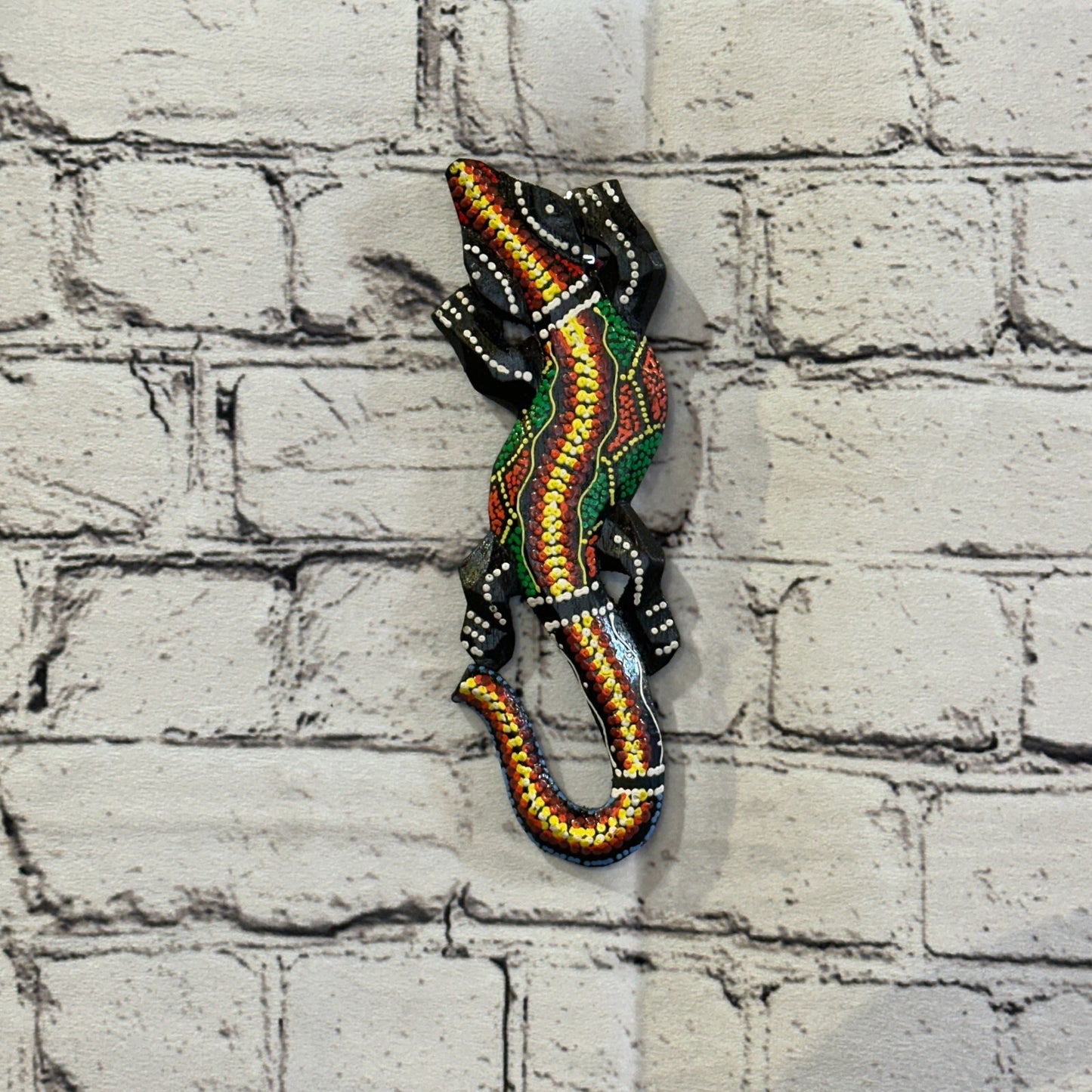 20cm Gecko Carved Wooden Dot Painted Ethnic Tribal Tiki Wall Handmade No 13