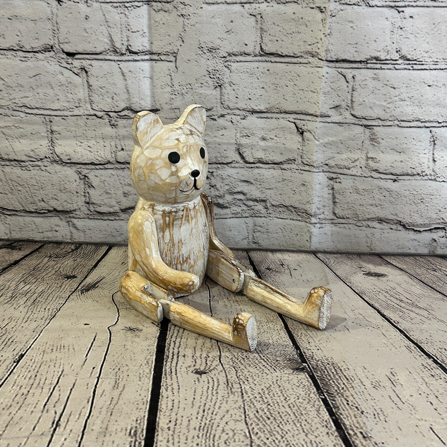 18cm Shabby White Teddy Sitting Animal Wooden Shelf Ornament Handmade Fairtrade