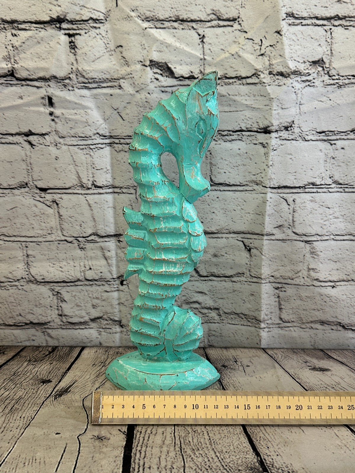 30cm Green Plain Wooden Shabby Seahorse Statue Ornament Fair Trade Handcarved