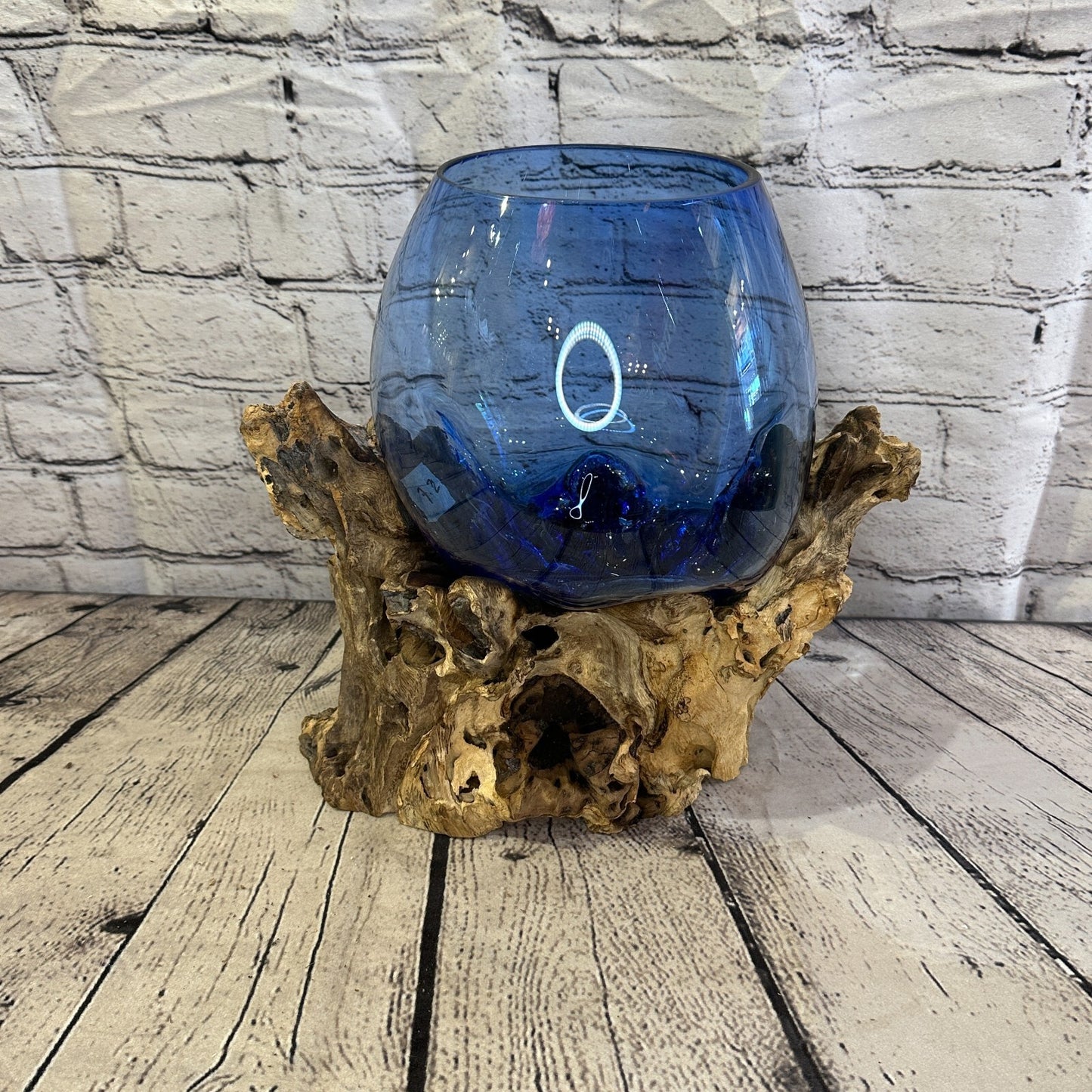 30cm Blue Molten Glass Round Bowl Natural Root Wood Base Stand Decor Ornament