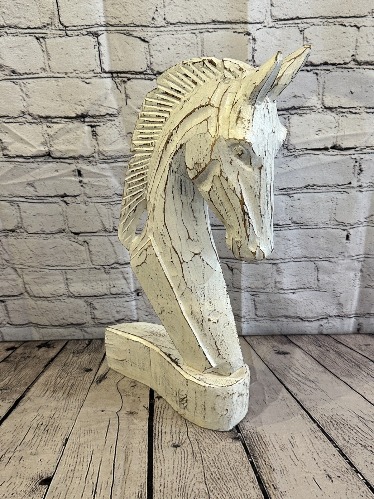 White Wooden 50cm x 25cm Horse Head Bust Hand Carved Wood Sculpture