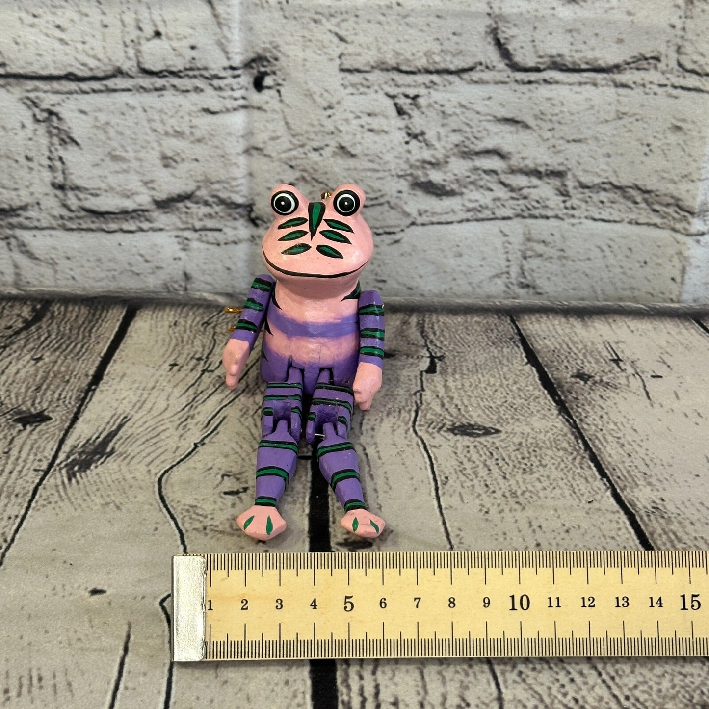 10cm Purple Frog Sitting Animal, Wooden Shelf Ornament Handmade and Fairtrade