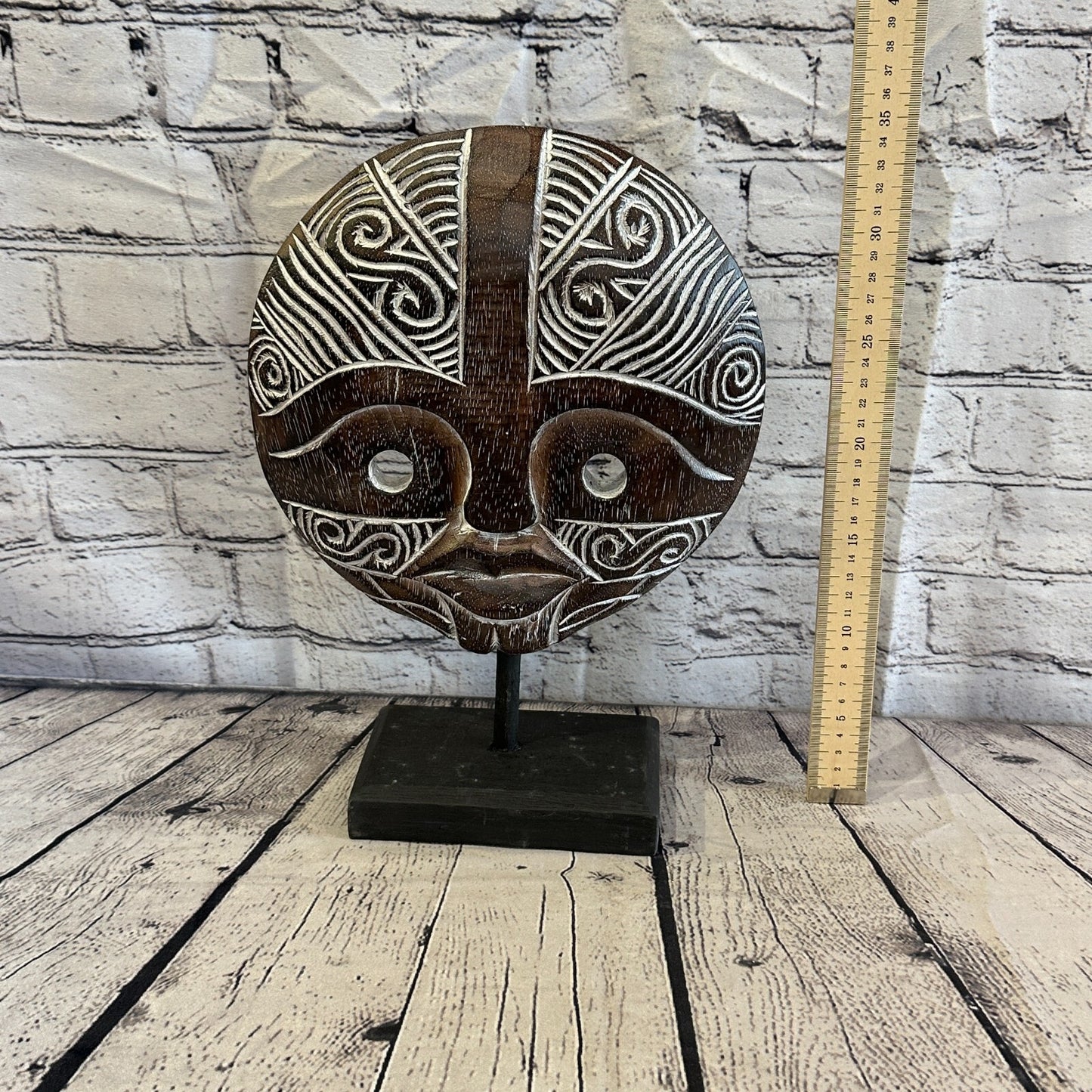 35cm x 25cm Wooden Tribal Primitive Black Mask Stand Sculpture Statue Art