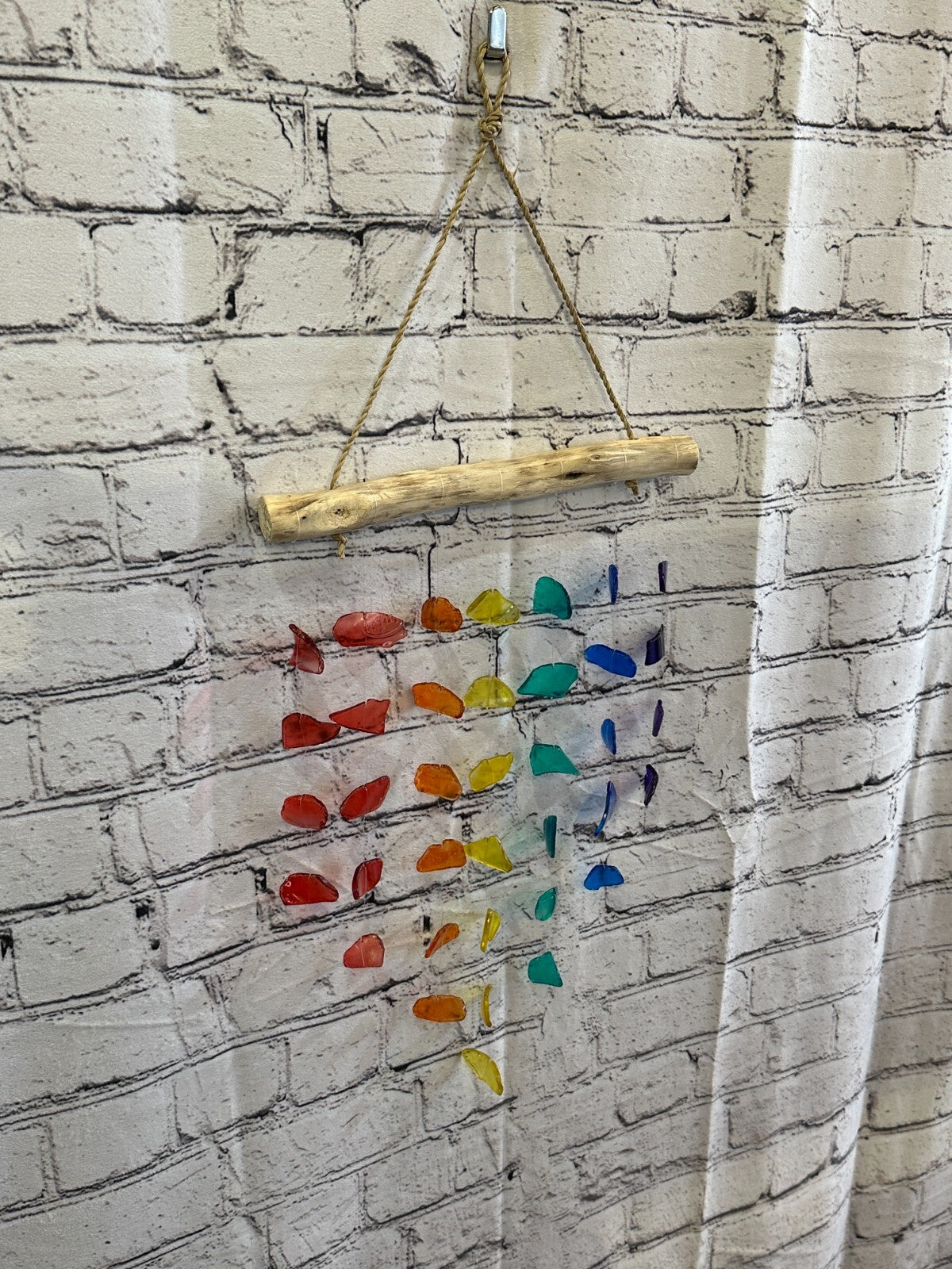 45cm x 25cm Rainbow Wind Recycled Glass Driftwood Handmade Garden Home Mobile