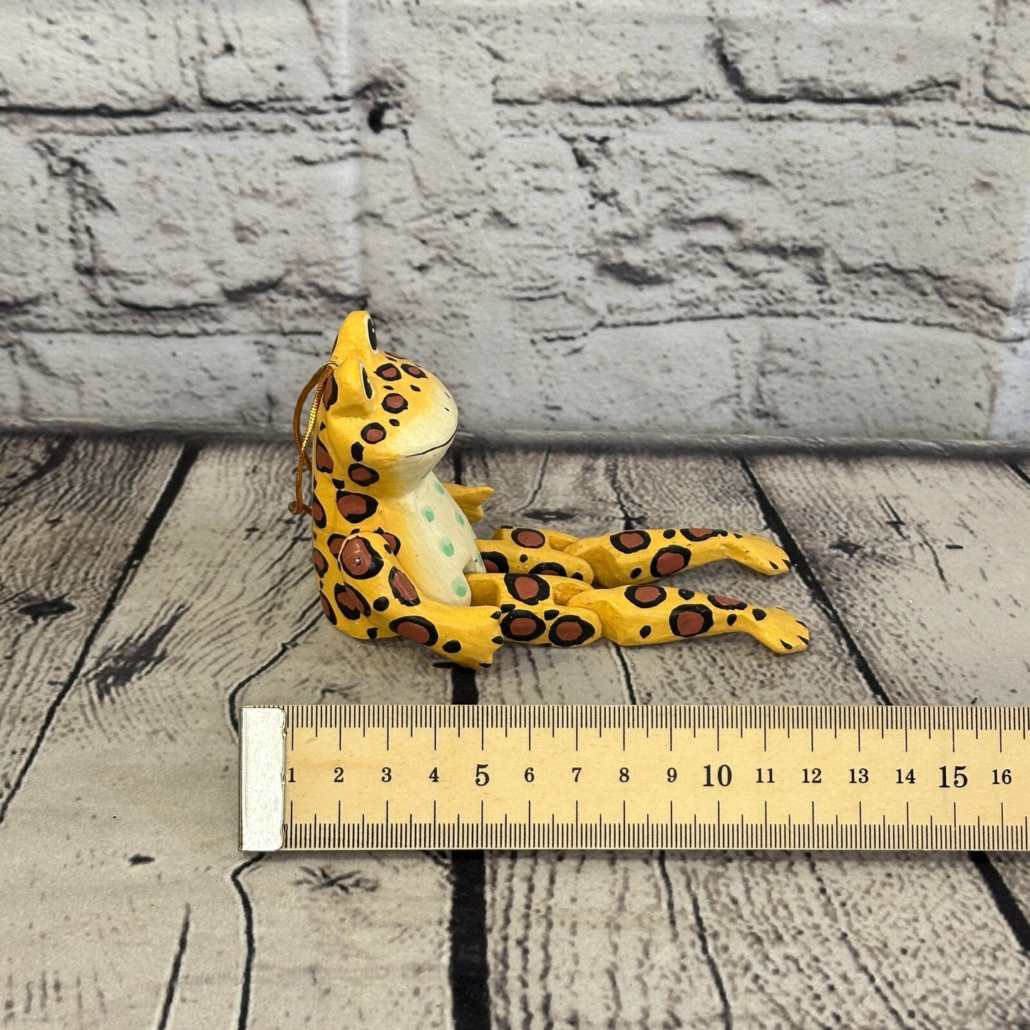 10cm Yellow Frog Sitting Animal, Wooden Shelf Ornament Handmade and Fairtrade