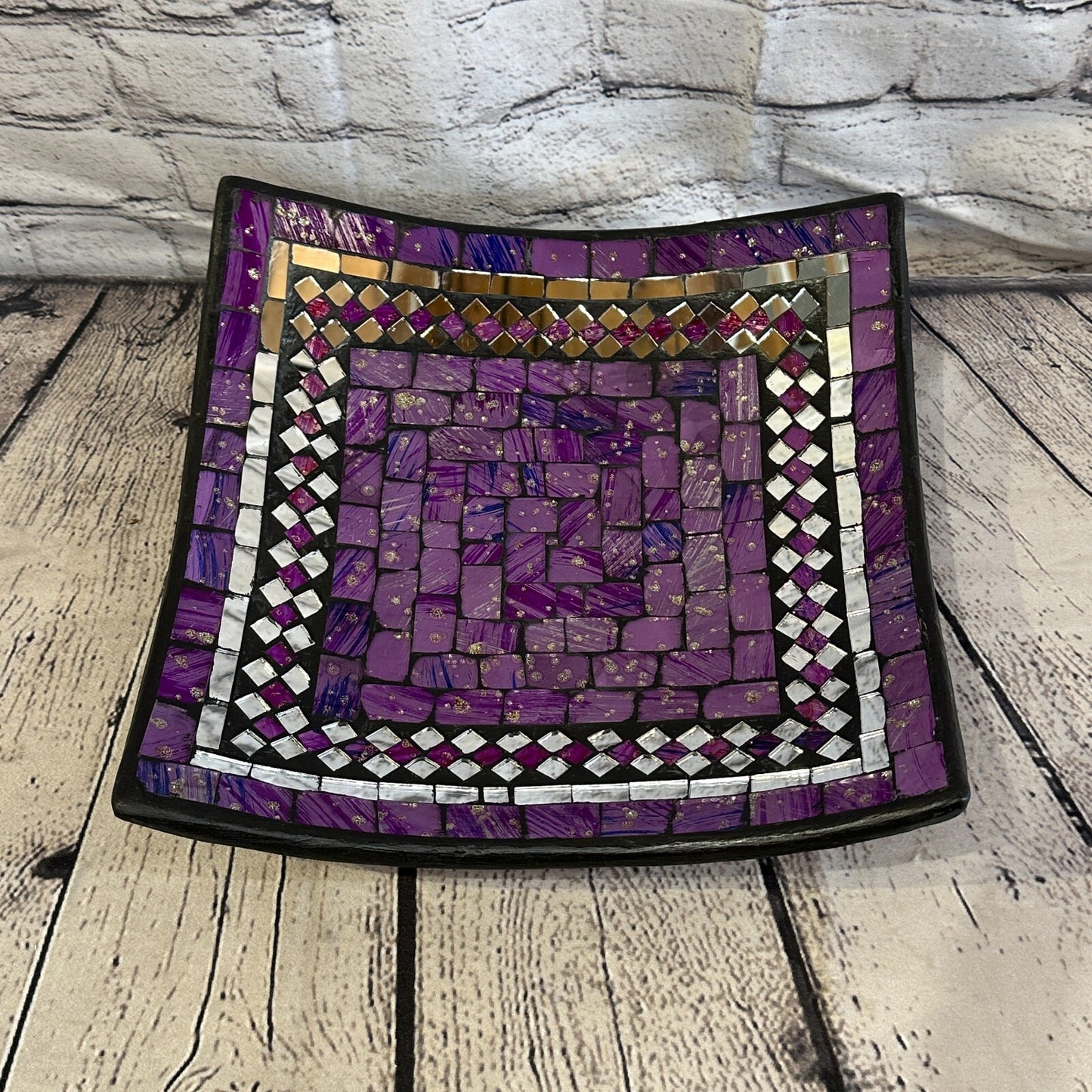 30cm Purple Square Mosaic Handmade Ceramic Glass Tile Bowl Fruit