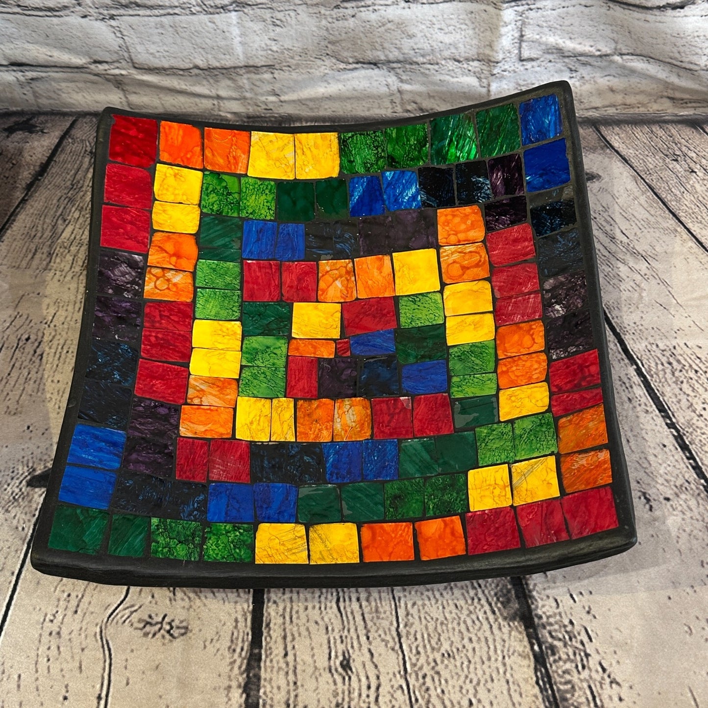 30cm Rainbow Blocks Square Mosaic Handmade Ceramic Glass Tile Bowl Fruit