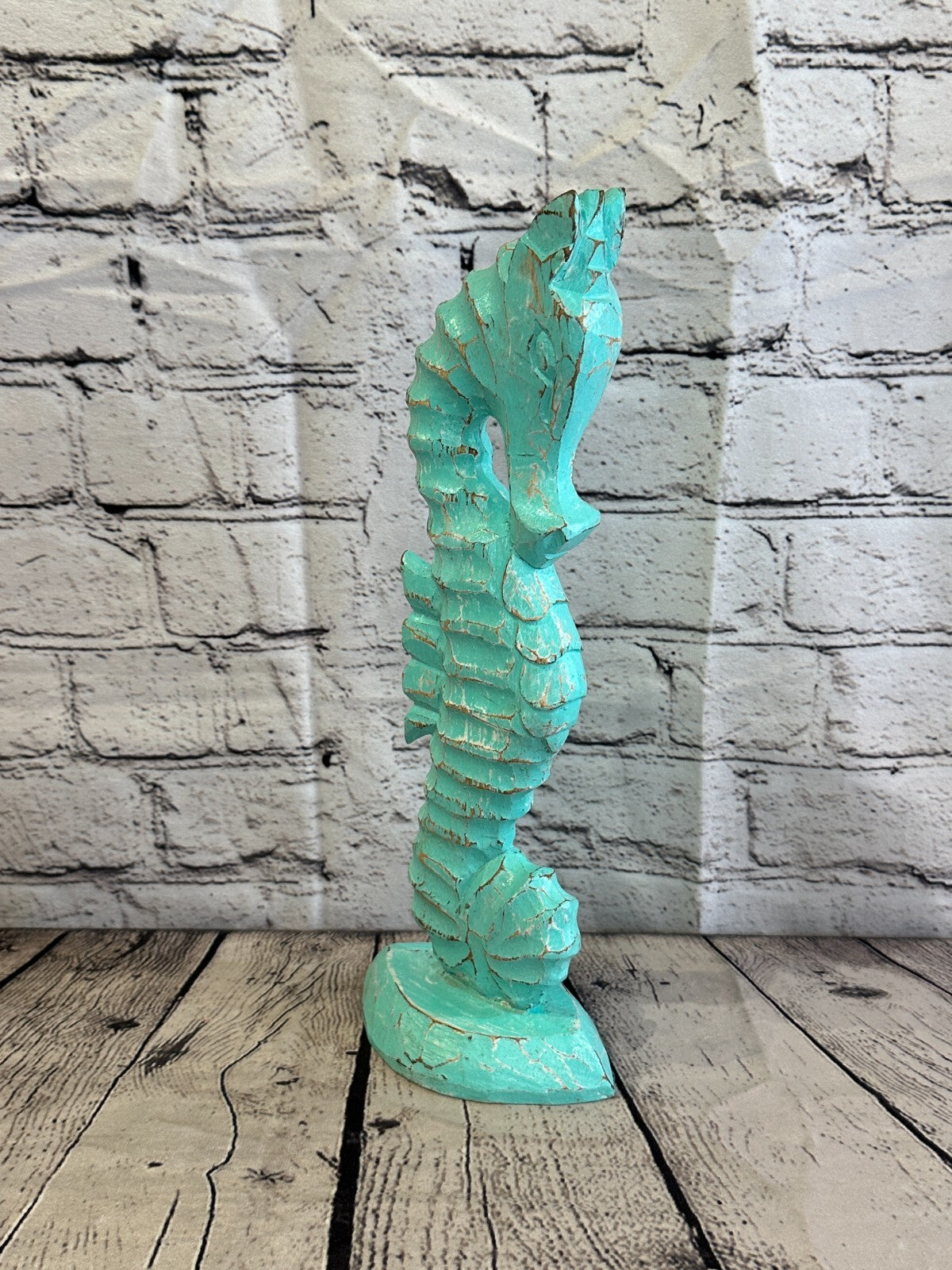 30cm Green Plain Wooden Shabby Seahorse Statue Ornament Fair Trade Handcarved