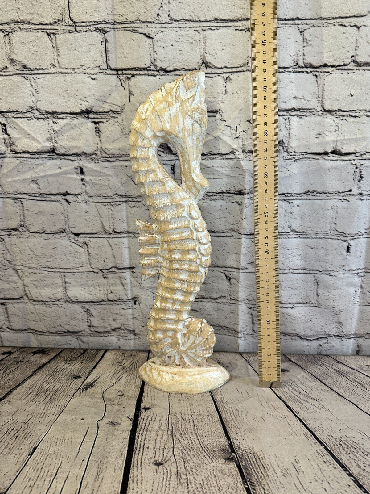 40cm White Plain Wooden Shabby Seahorse Statue Ornament Fair Trade Handcarved