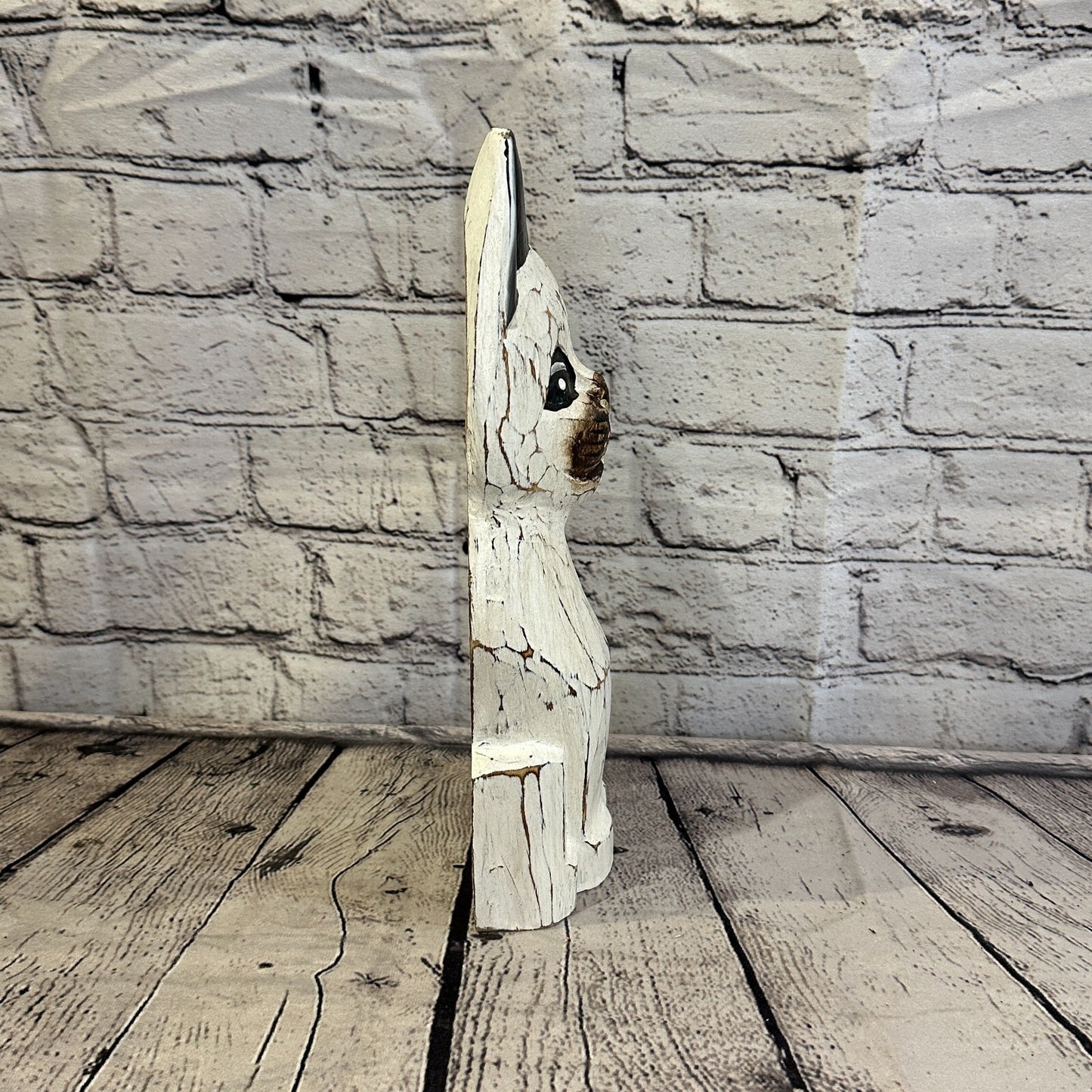 30cm x 12cm White Flower Wooden Shabby Cat Statue Ornament Fair Trade Handcarved