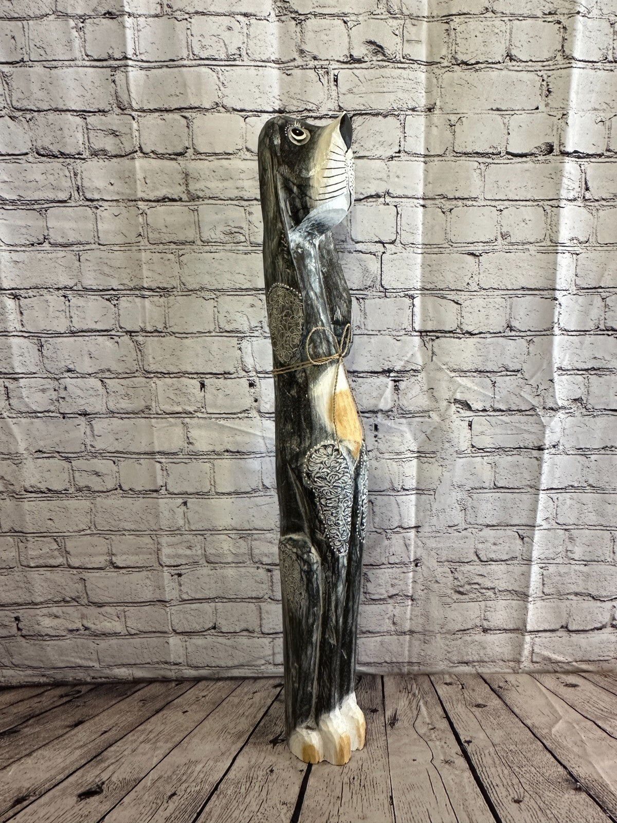 80cm Grey Flower Wooden Shabby Dog Statue Ornament Fair Trade Handcarved