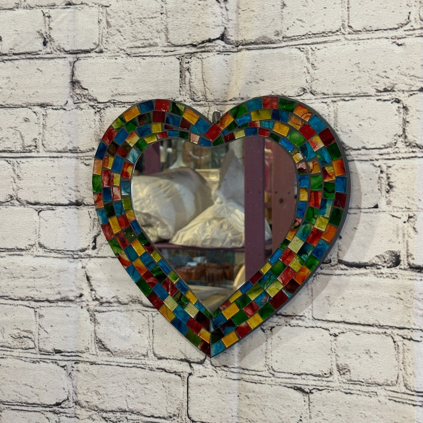 Rainbow Heart Shape Mosaic Tile Wall Mirror 28cm x 25cm 10 Inches Handmade New