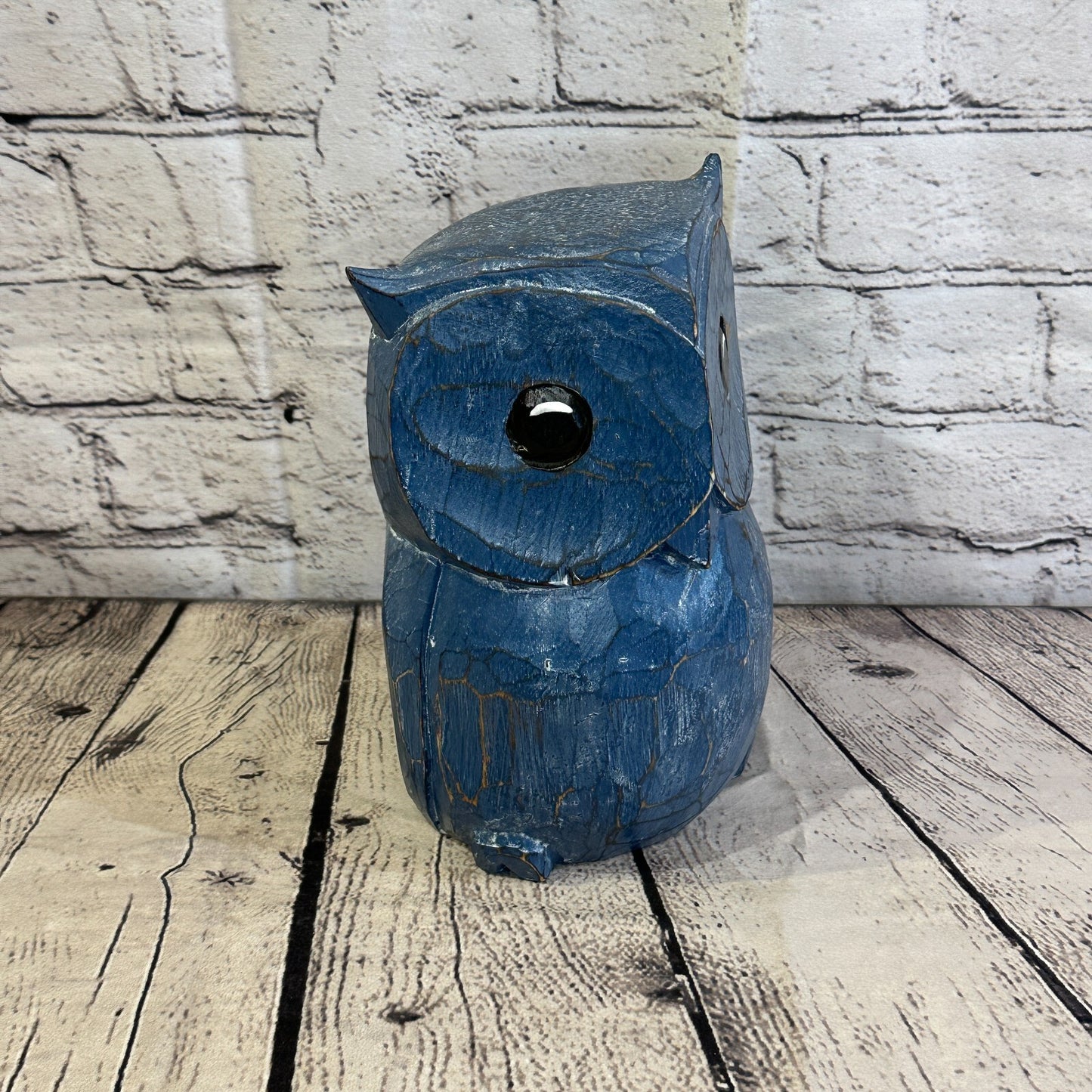 20cm x 15cm Blue Flower Wooden Shabby Owl Statue Ornament Fair Trade Handcarved