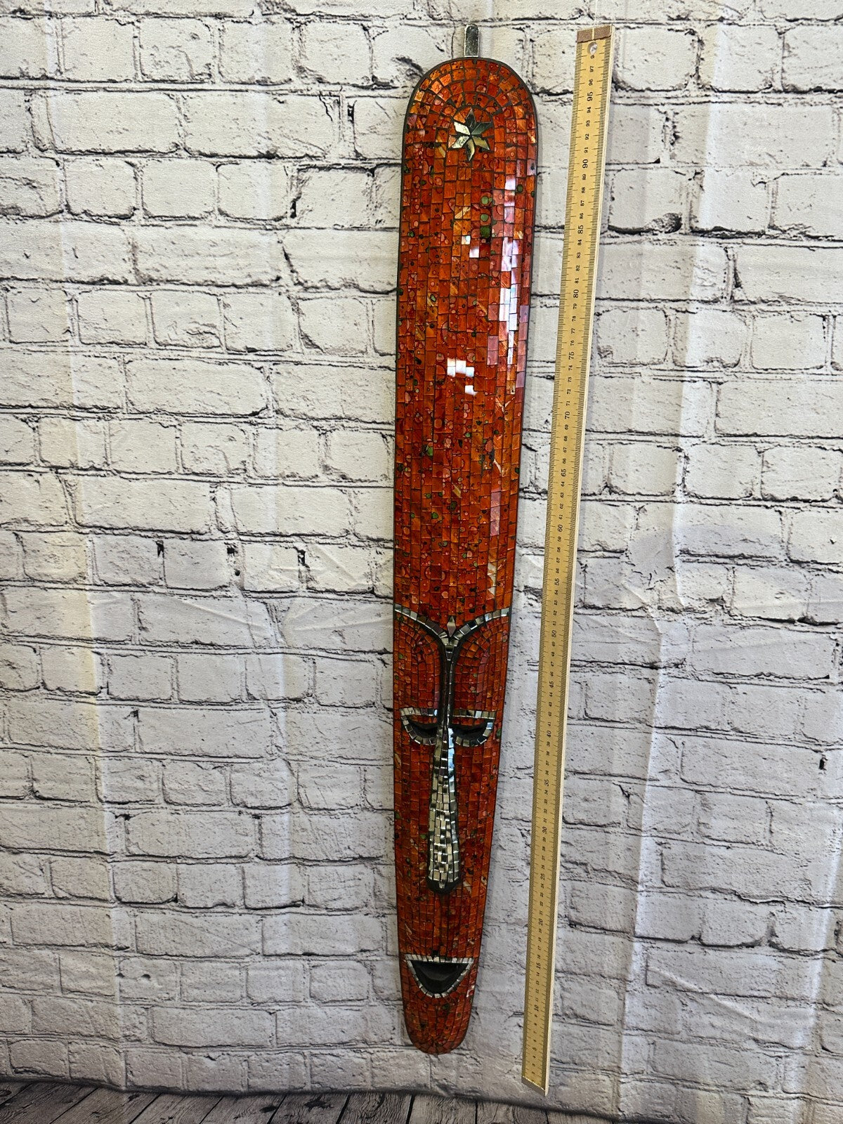 80cm Orange Mosaic Mirror Mask Carved Painted Ethnic Tribal Wall Art Handmade