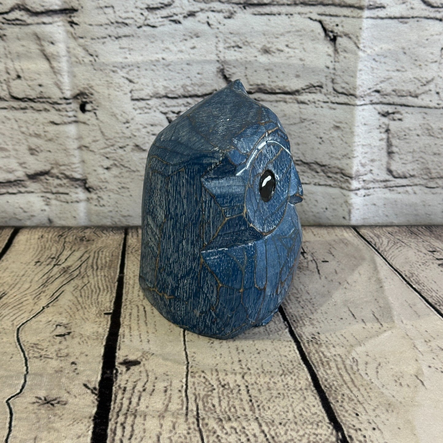 12cm x 10cm Blue Flower Wooden Shabby Owl Statue Ornament Fair Trade Handcarved