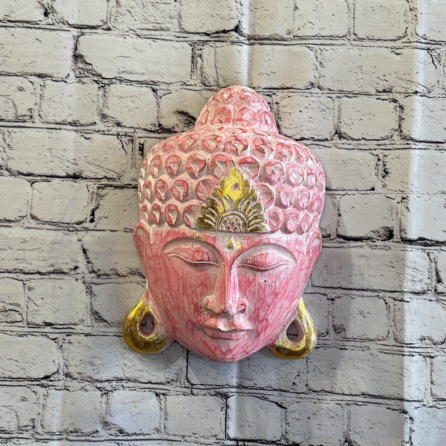 30cm x 20cm Pink Buddha Head Mask Wooden Hanging Statue Figurine Ornament