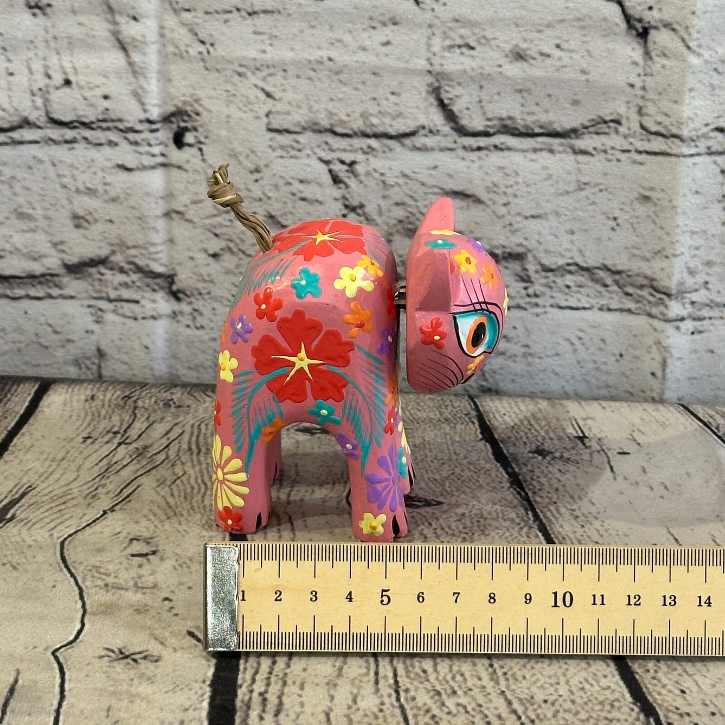 Pink Small Wooden Cat With Flower Pattern 10cm x 8cm Handmade and Fairtrade