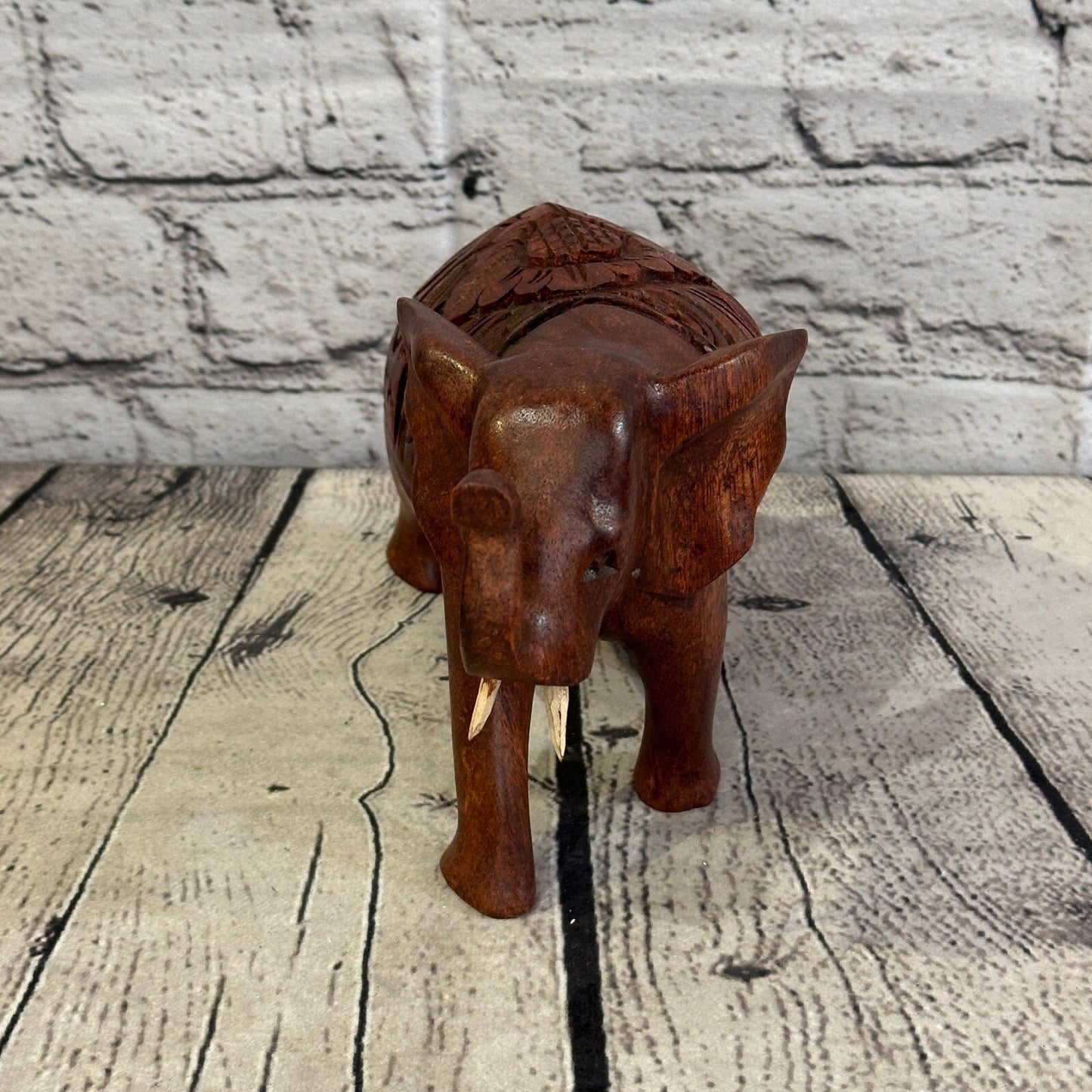 18cm x 12cm Carved Wooden Baby Elephant Wood Brown Sculpture Retro Handmade